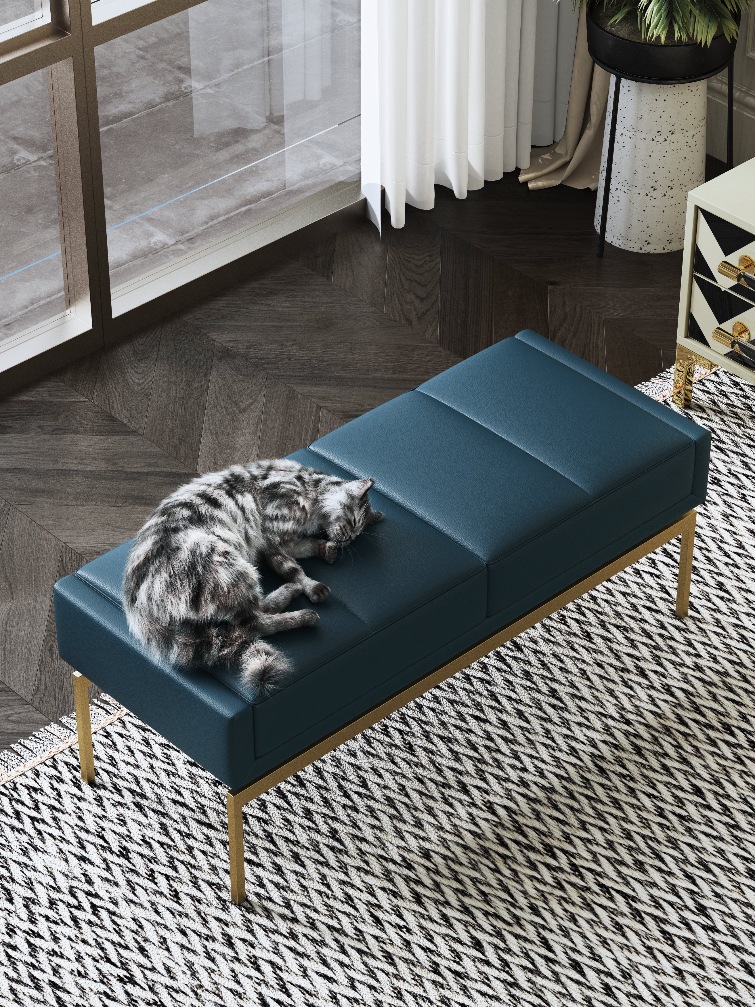 Blue Genuine Leather Bed Bench with Wood and Metal Frame