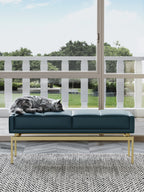 Blue Genuine Leather Bed Bench with Wood and Metal Frame