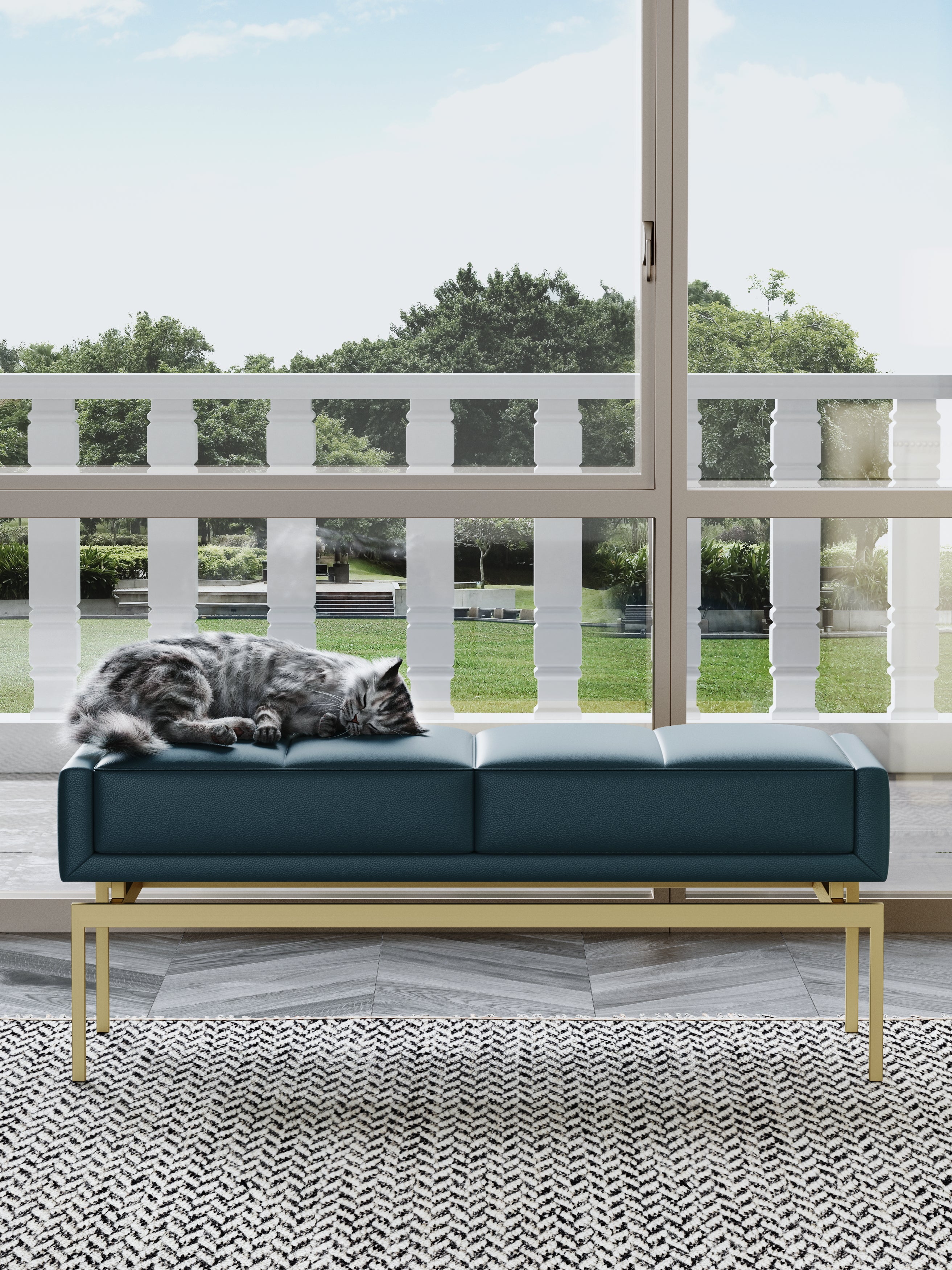 Blue Genuine Leather Bed Bench with Wood and Metal Frame