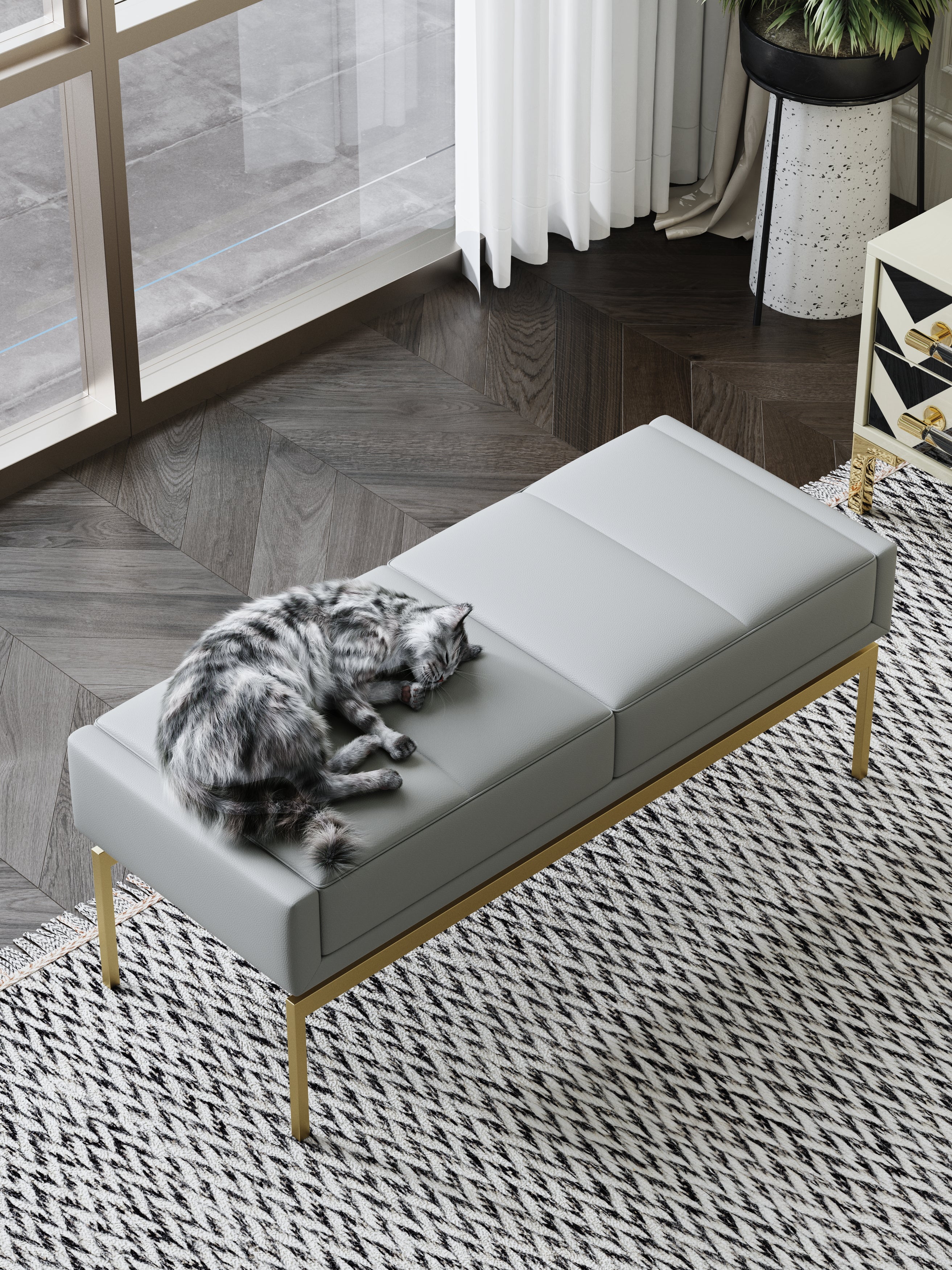 Gray Leather Bed Bench with Wood and Metal Frame