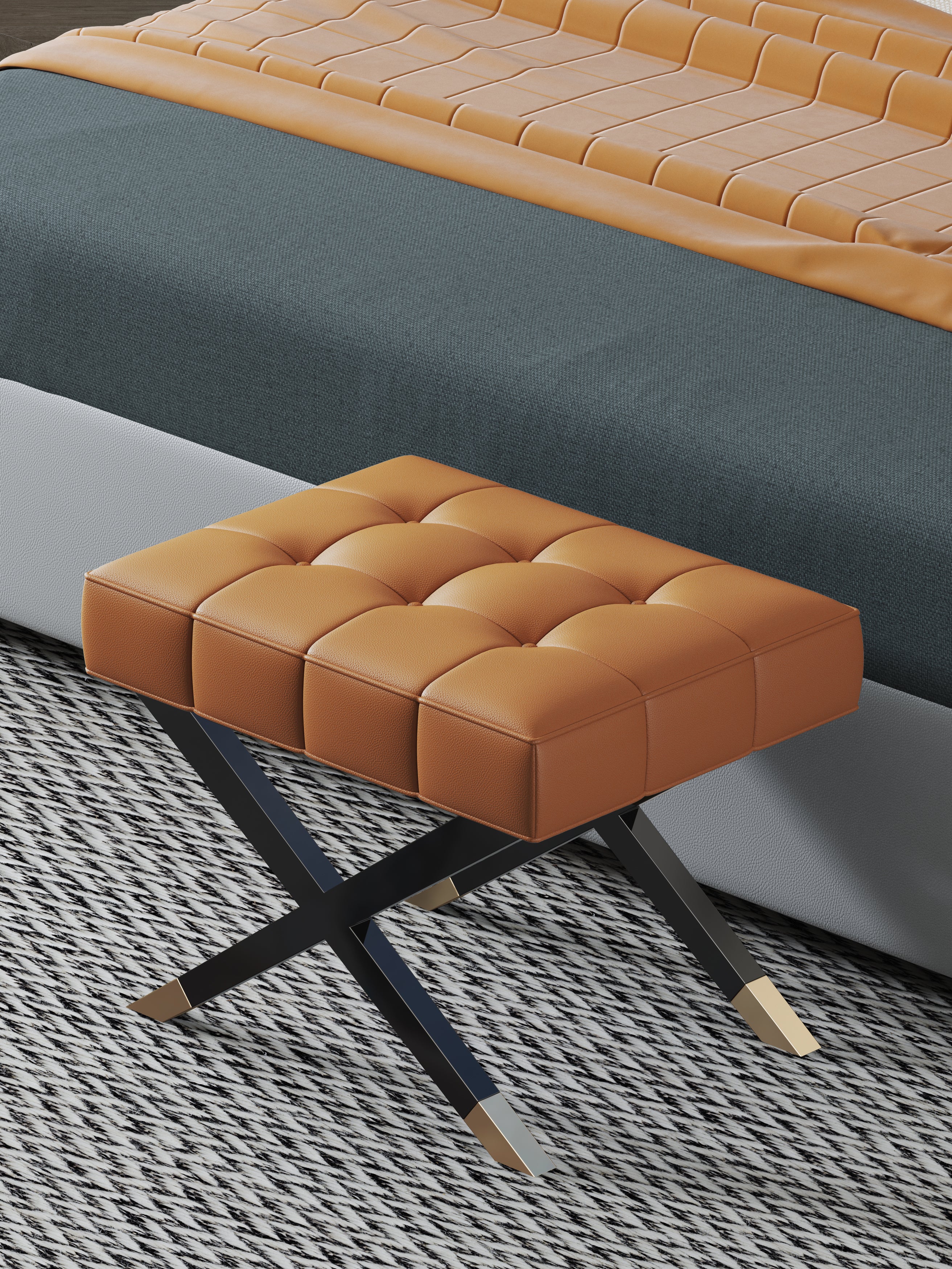 Orange Leather Bench with Streamlined Metal Frame