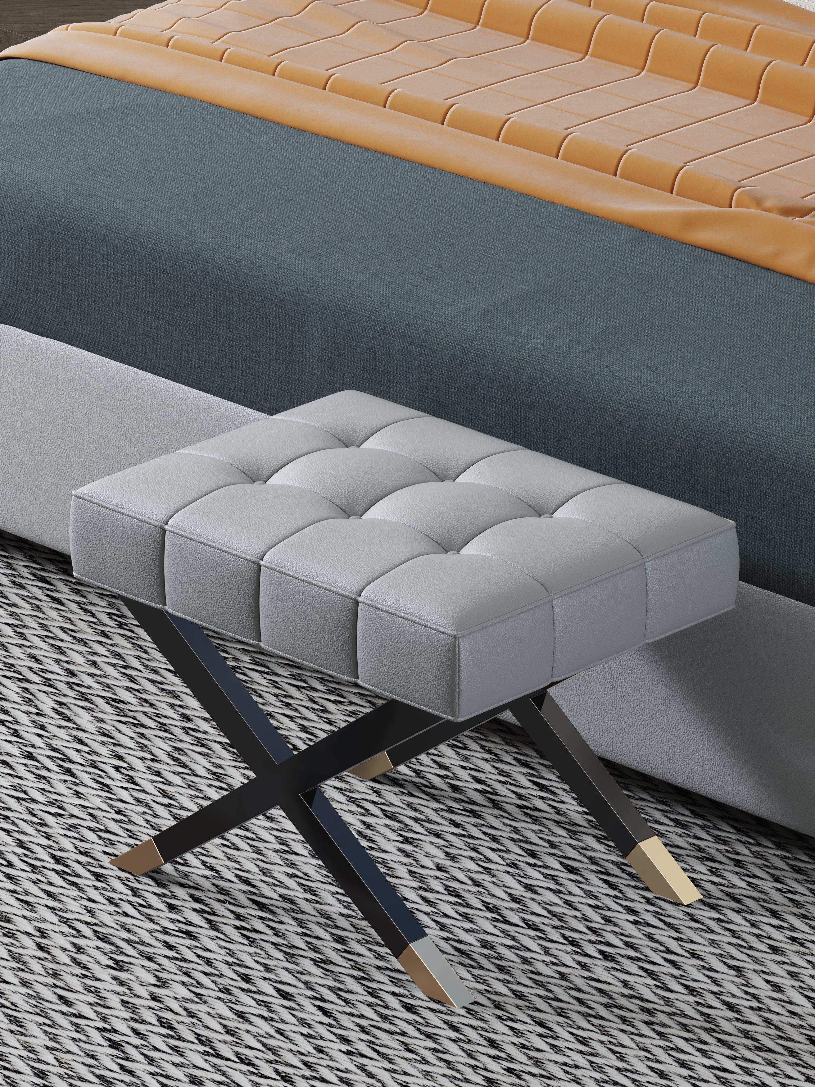 Gray Leather Bench with Streamlined Metal Frame
