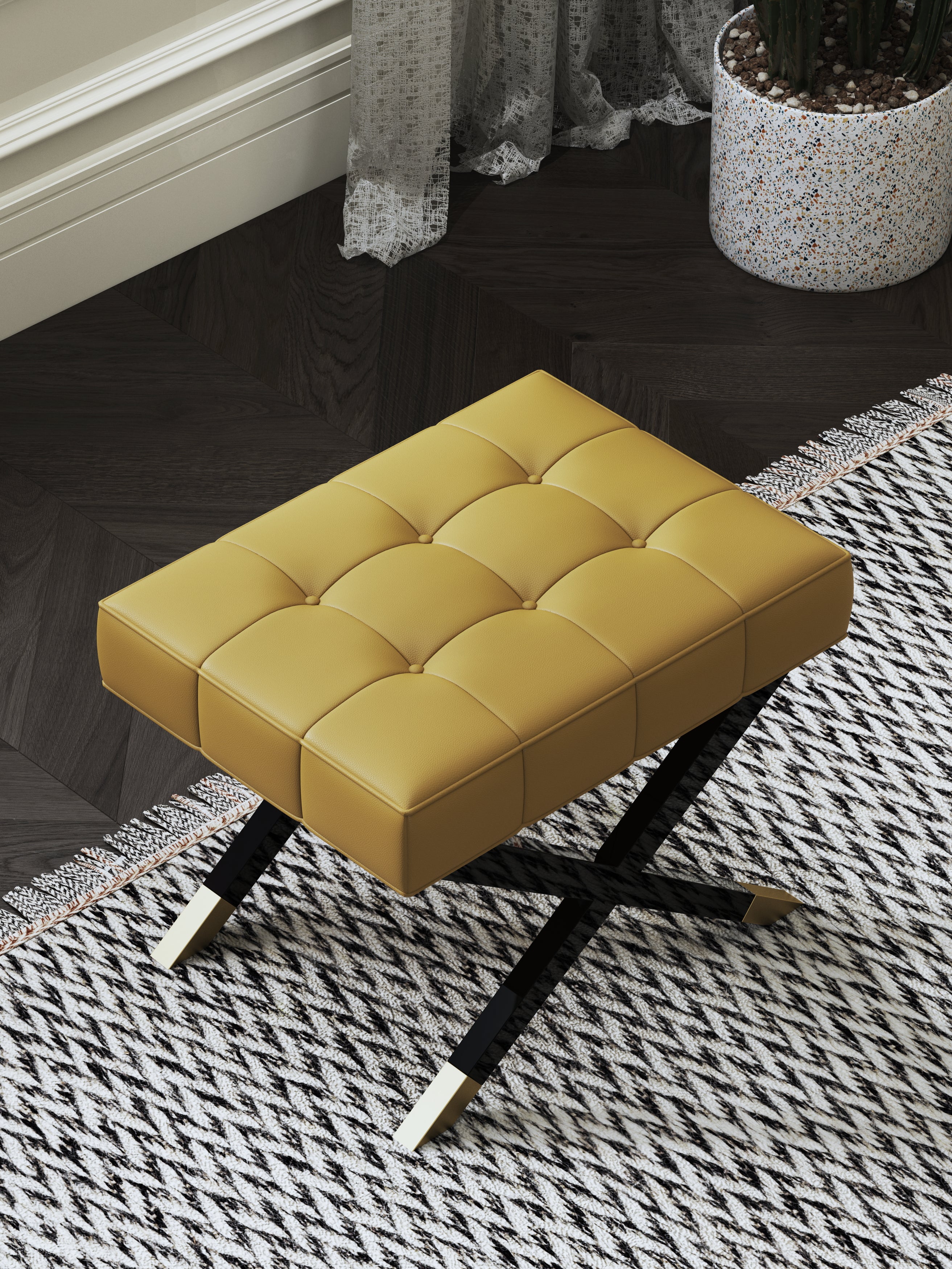 Yellow Genuine Leather Bed Bench with Metal Frame