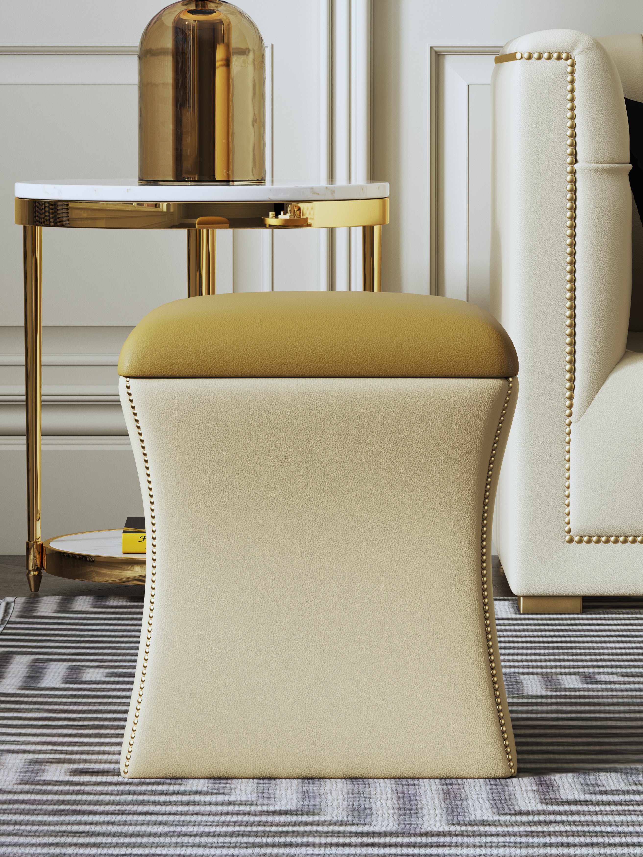 Genuine Leather Ottoman with Metal Accents