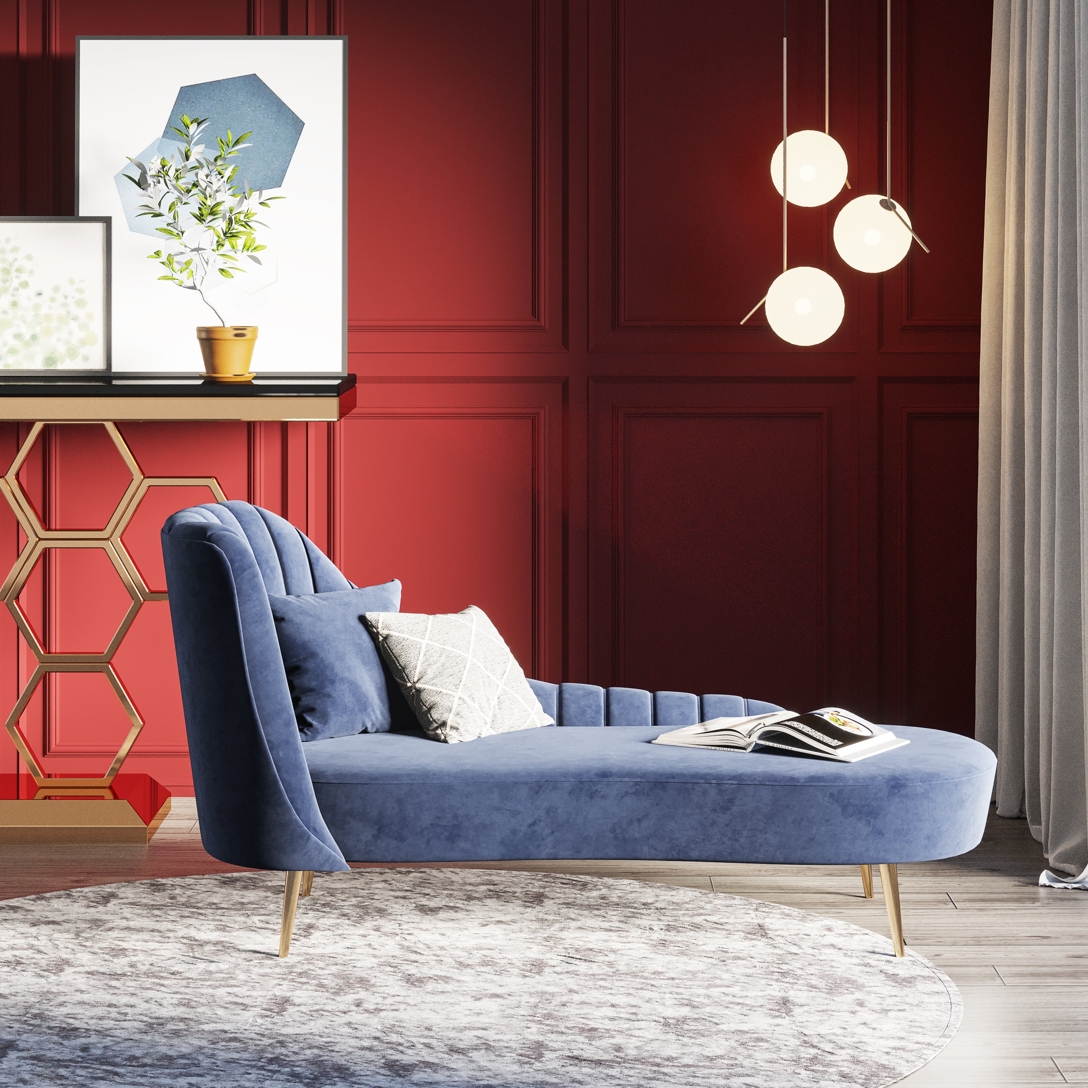 Blue Velvet Right-Facing Chaise Lounge