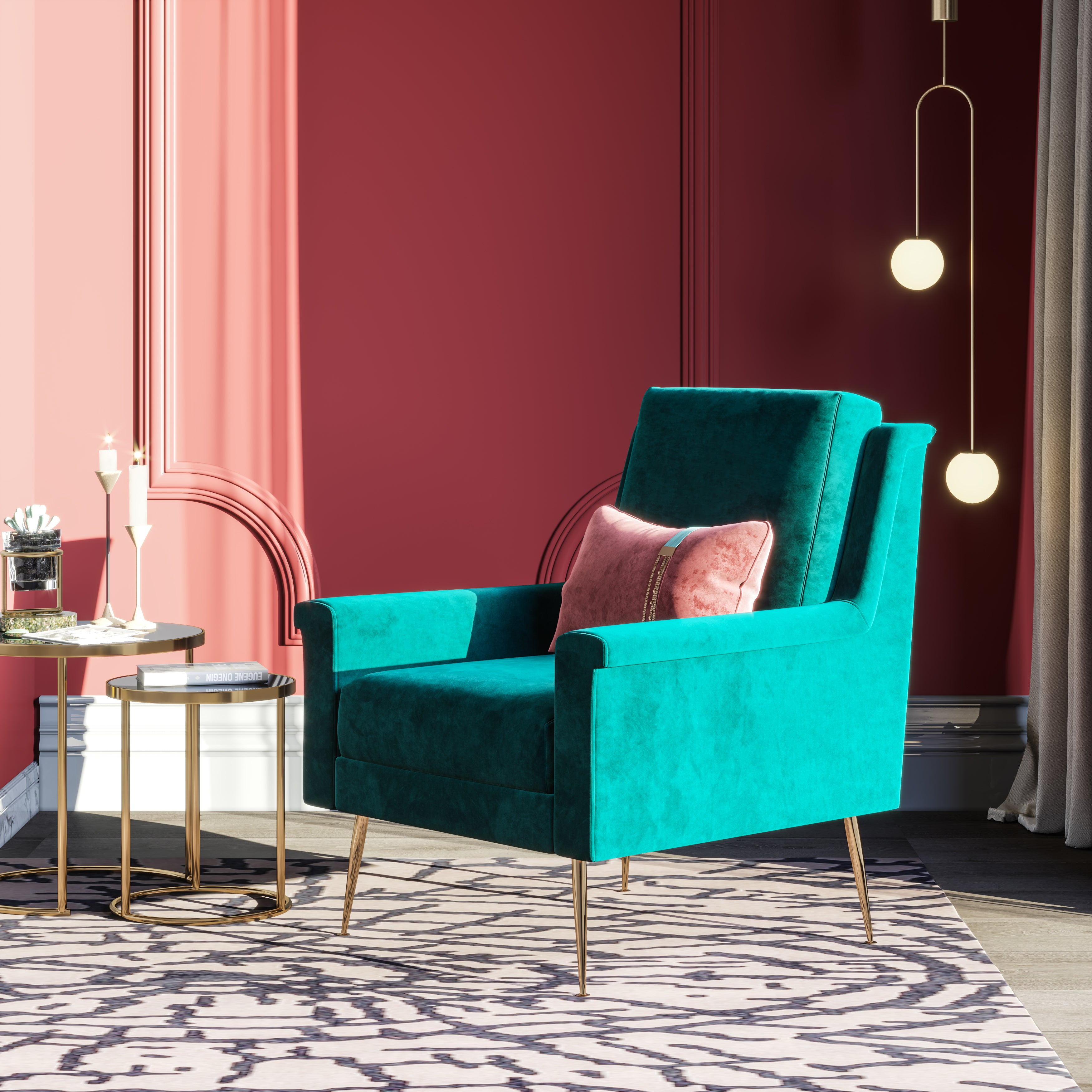 Green Velvet Accent Chair with Metal Accents