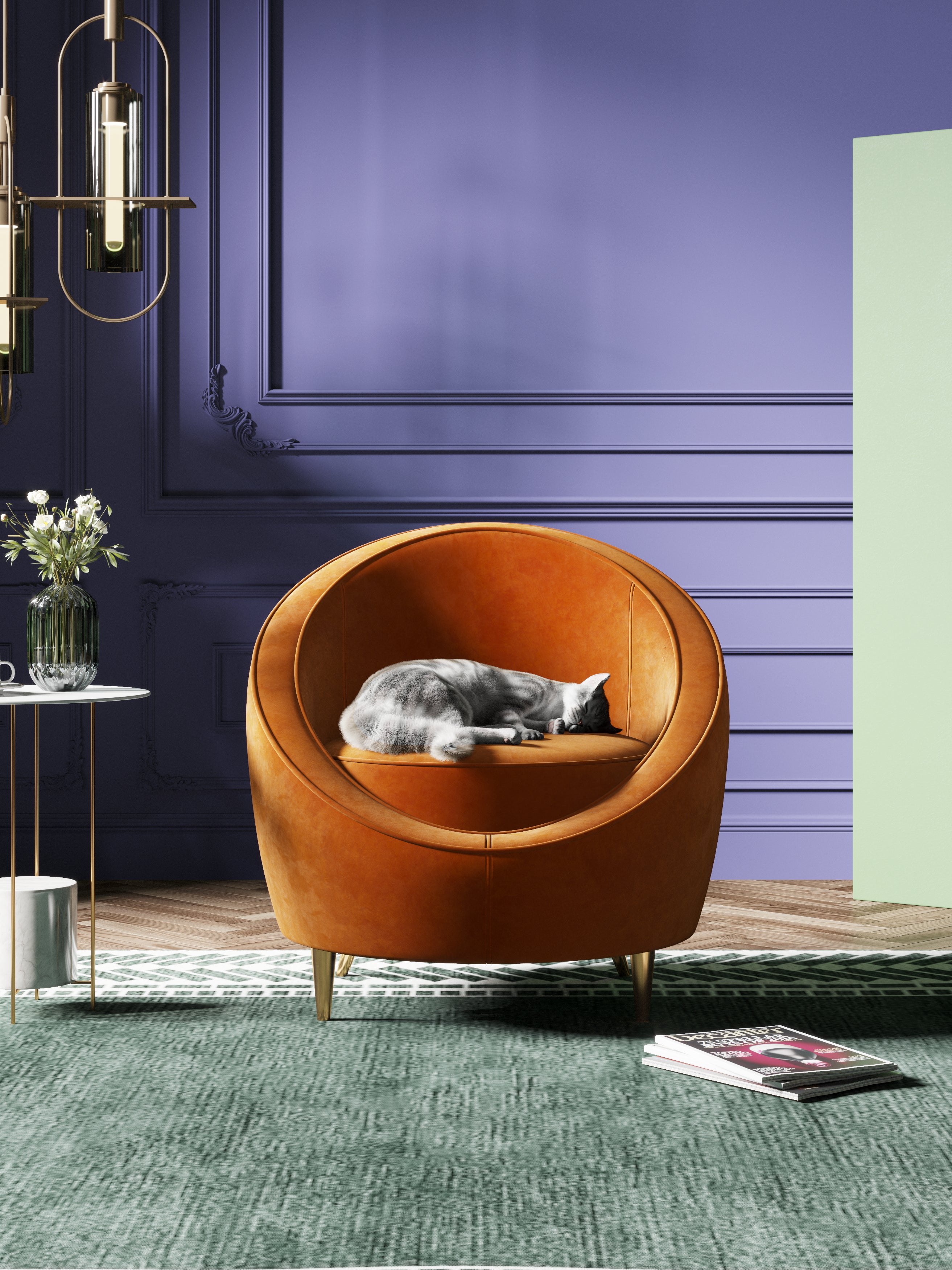 Orange Velvet Accent Chair with Metal Accents
