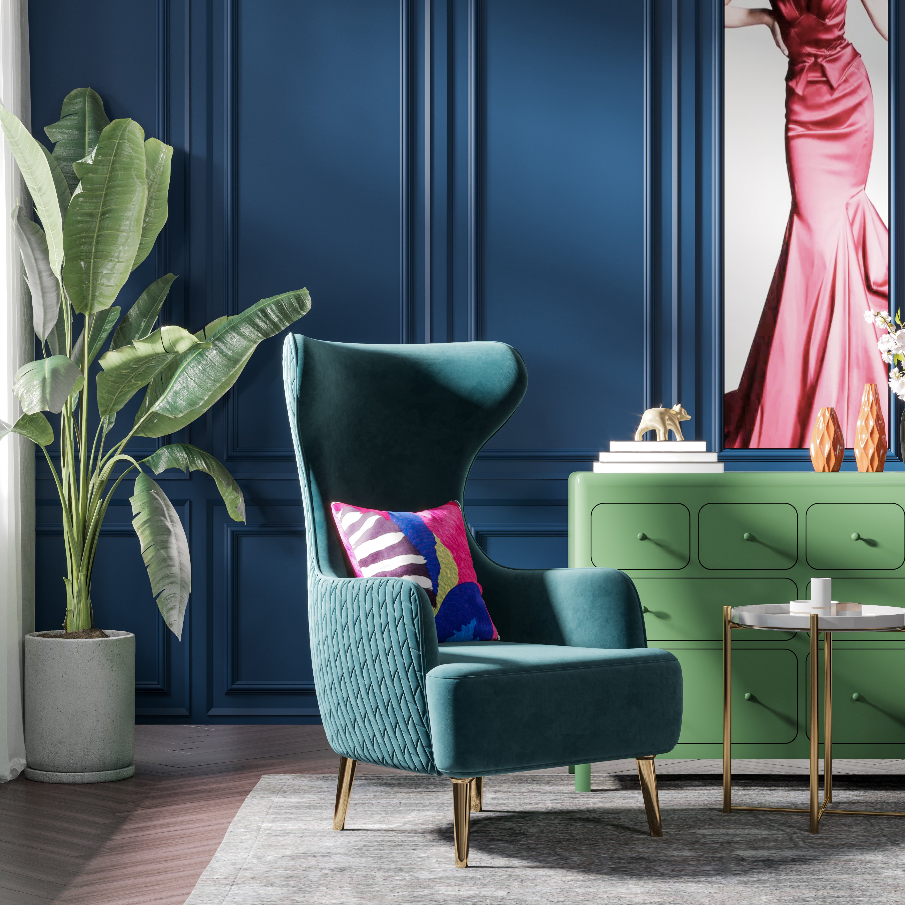 Blue Velvet Accent Chair with Metal Accents