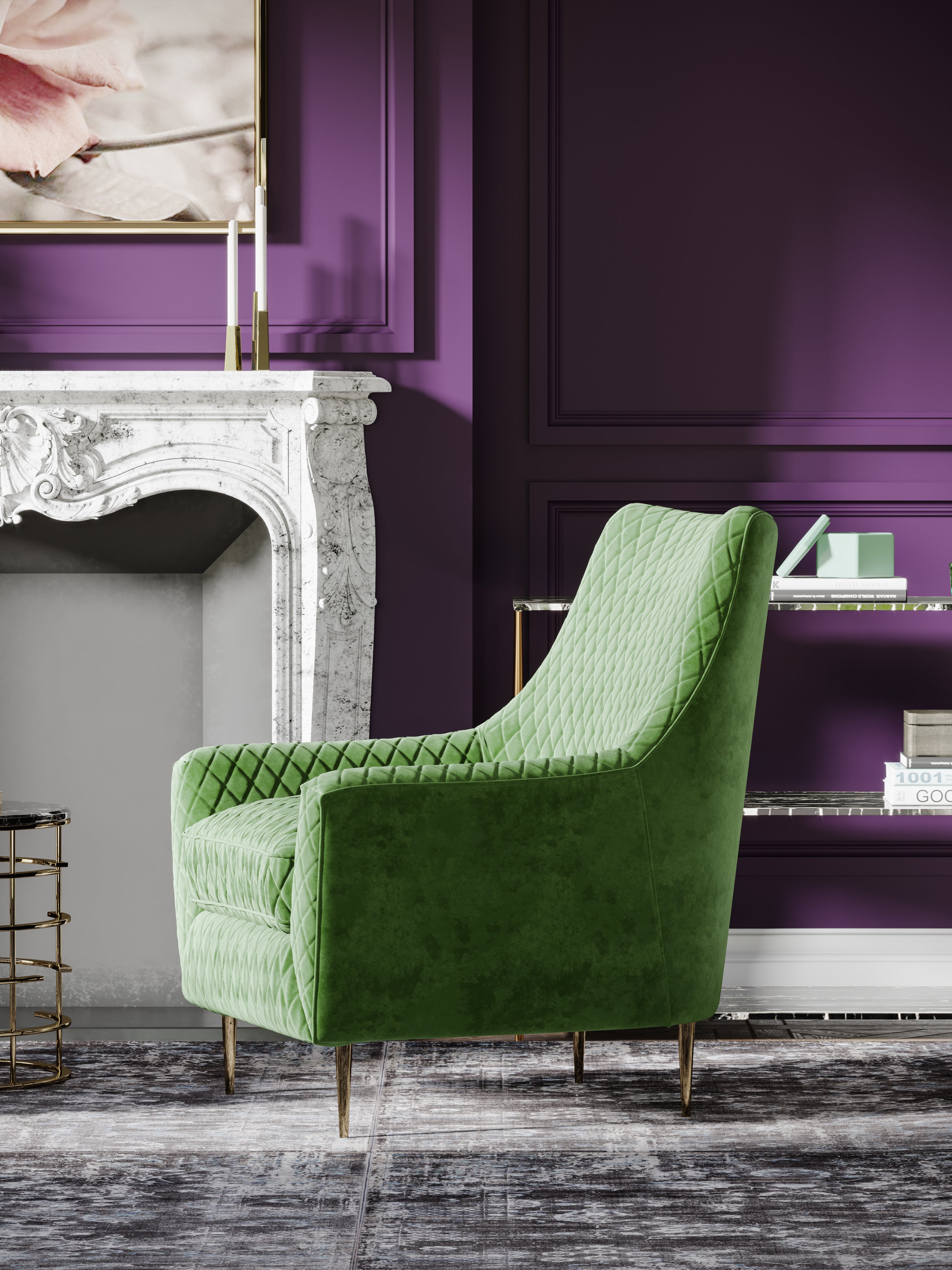 Green Velvet Accent Chair with Metal Accents
