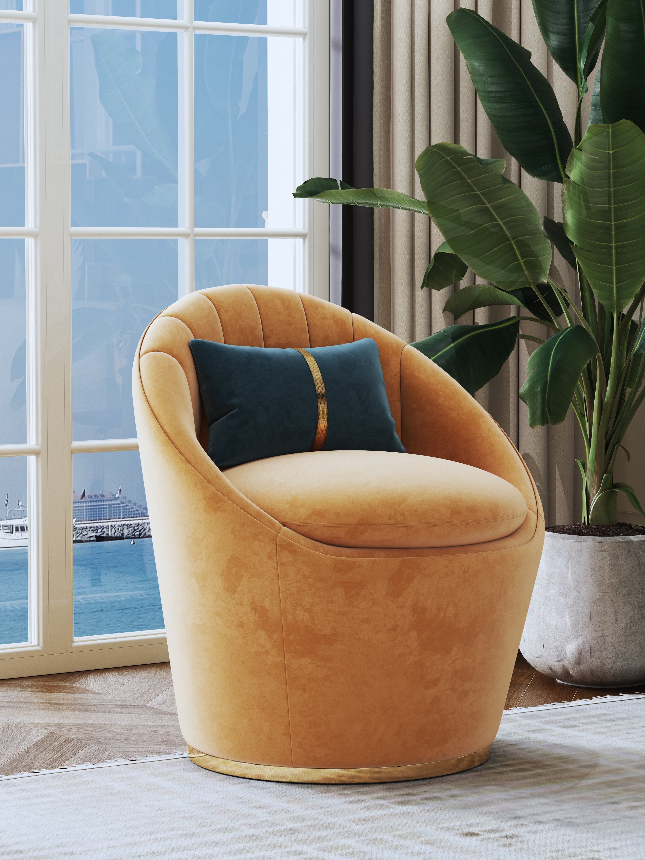 Orange Velvet Accent Chair with Metal Accents