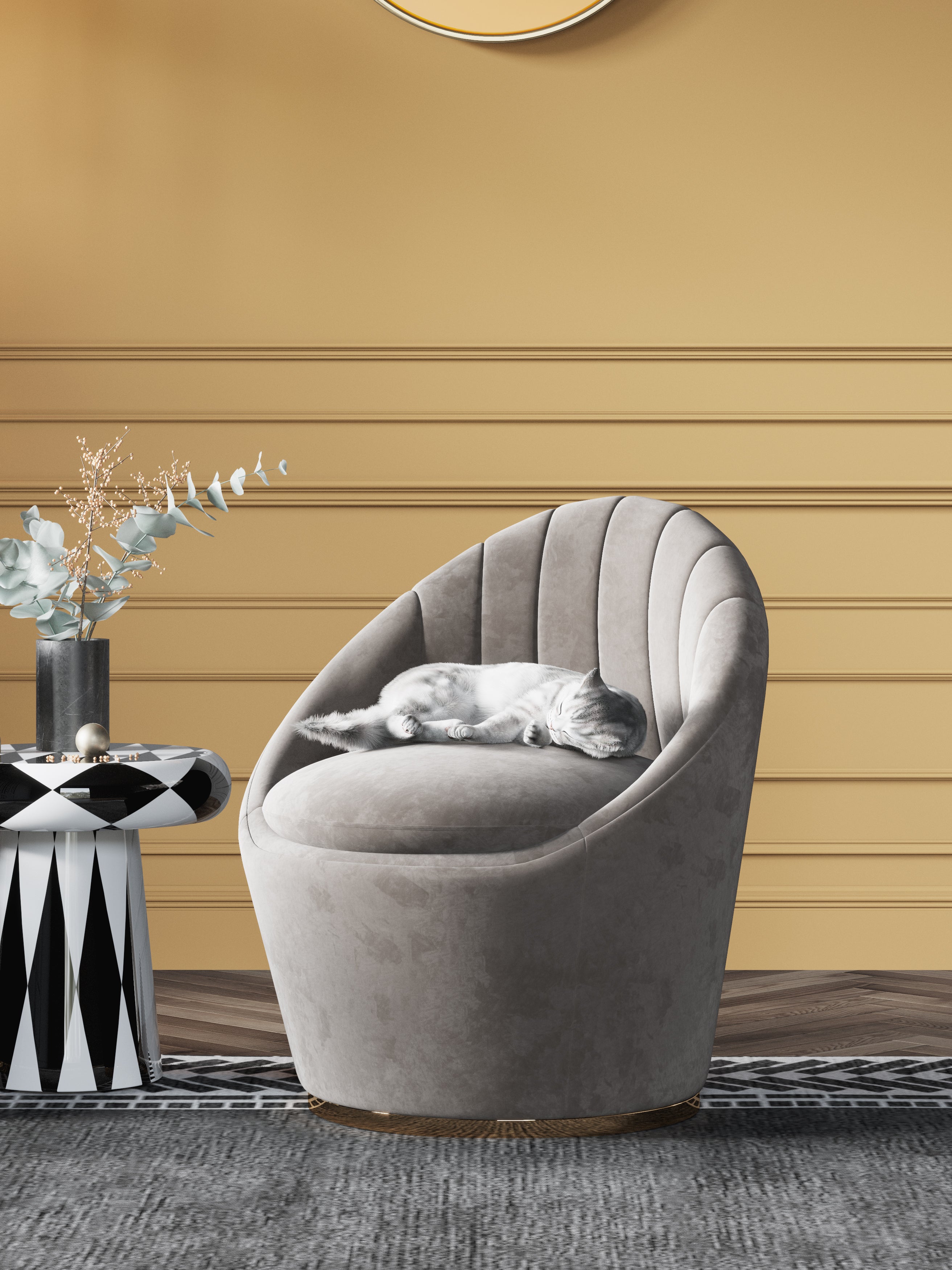 Grey Velvet Accent Chair with Metal Accents