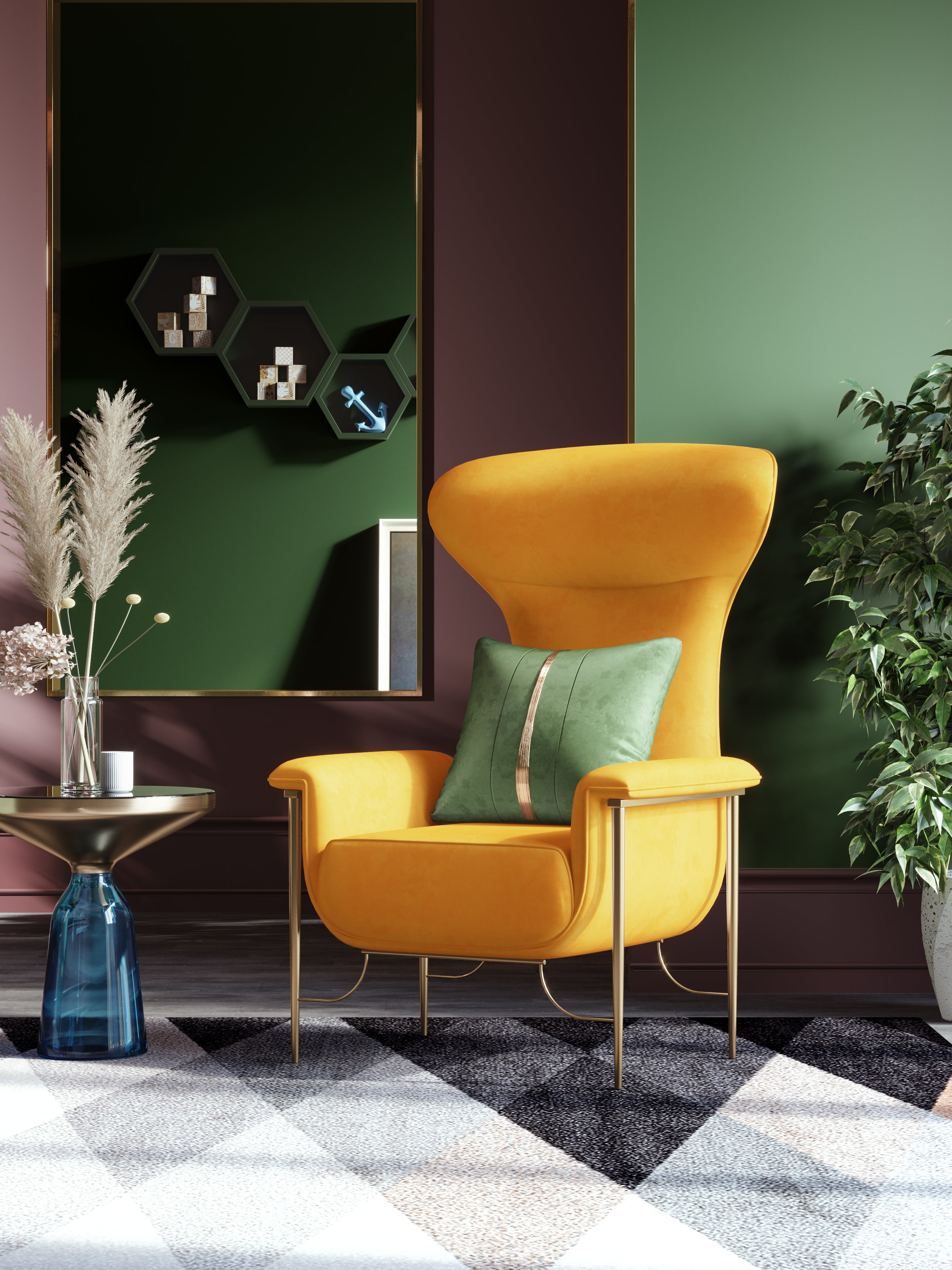 Yellow Velvet Mid-Height with Metal Accents Lounge Chair