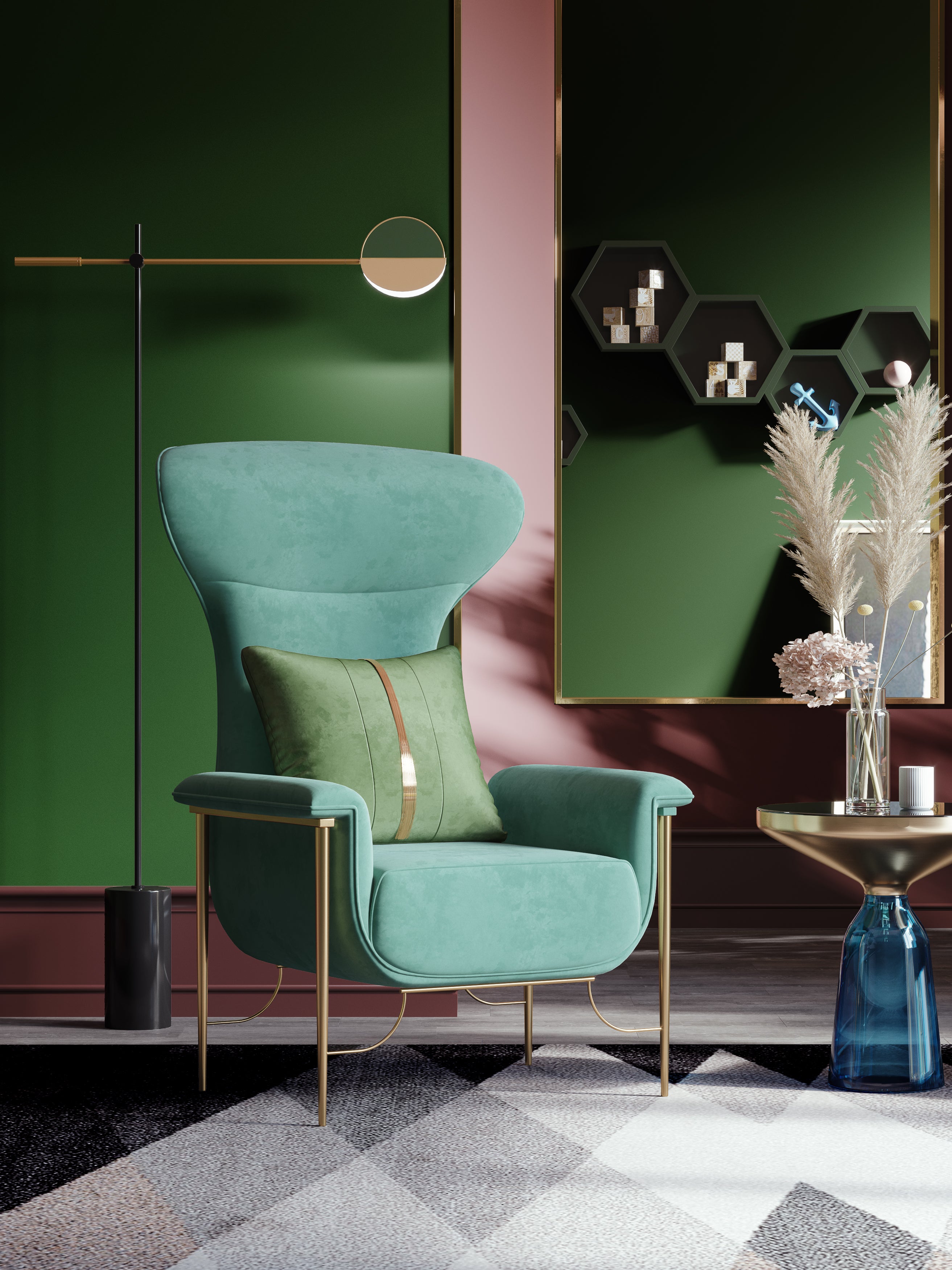 Light Green Velvet Tall-Profile with Wood Frame Lounge Chair