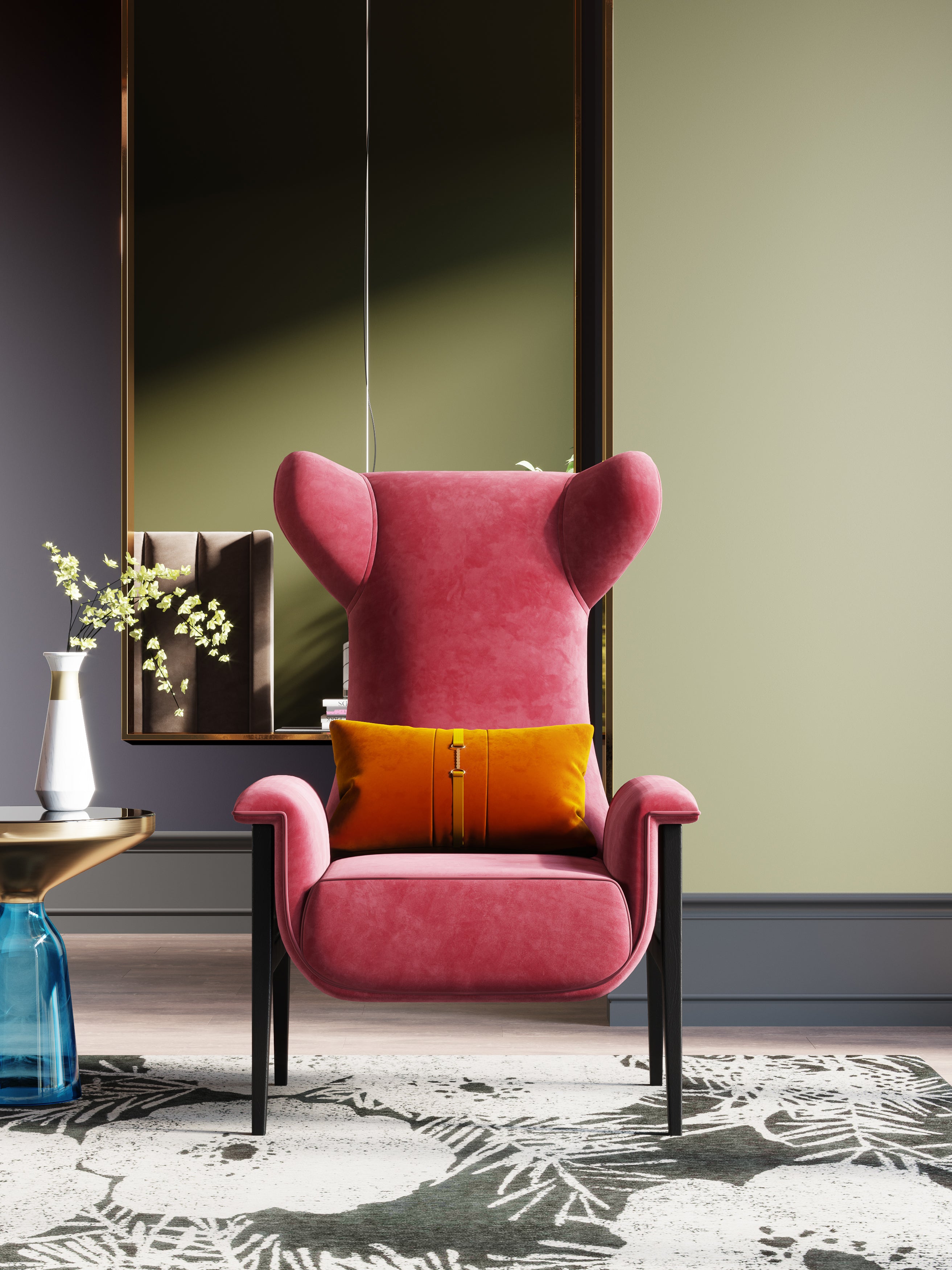Red Velvet Tall-Profile with Metal Accents Lounge Chair