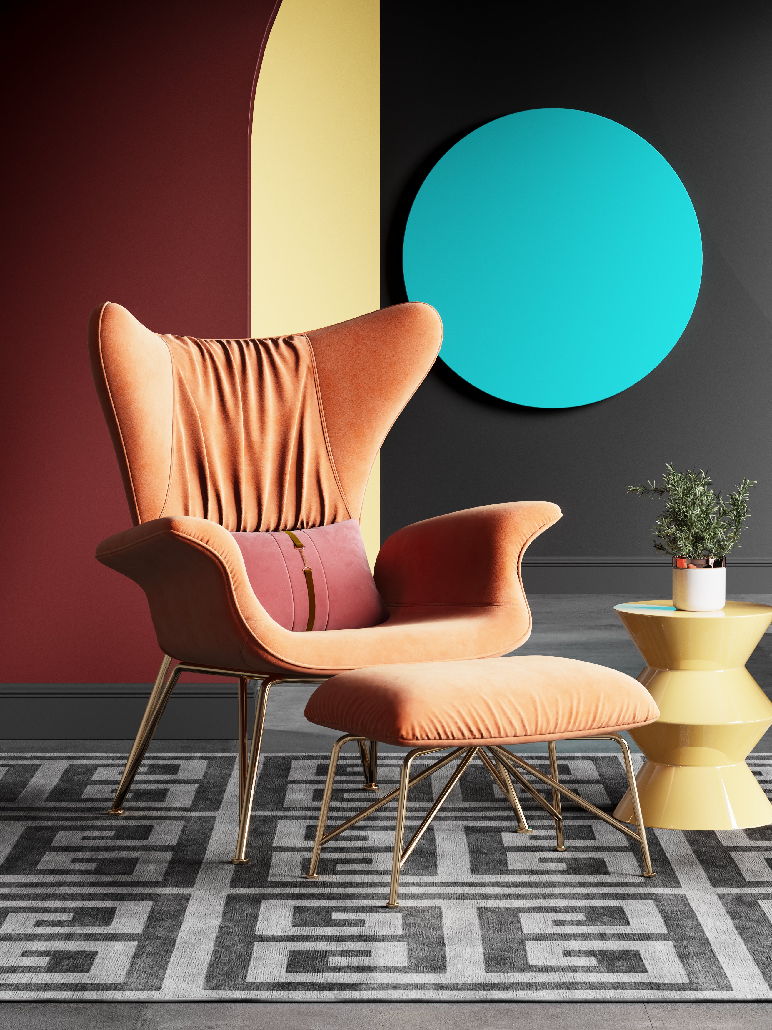 Orange Velvet Tall-Profile Lounge Chair
