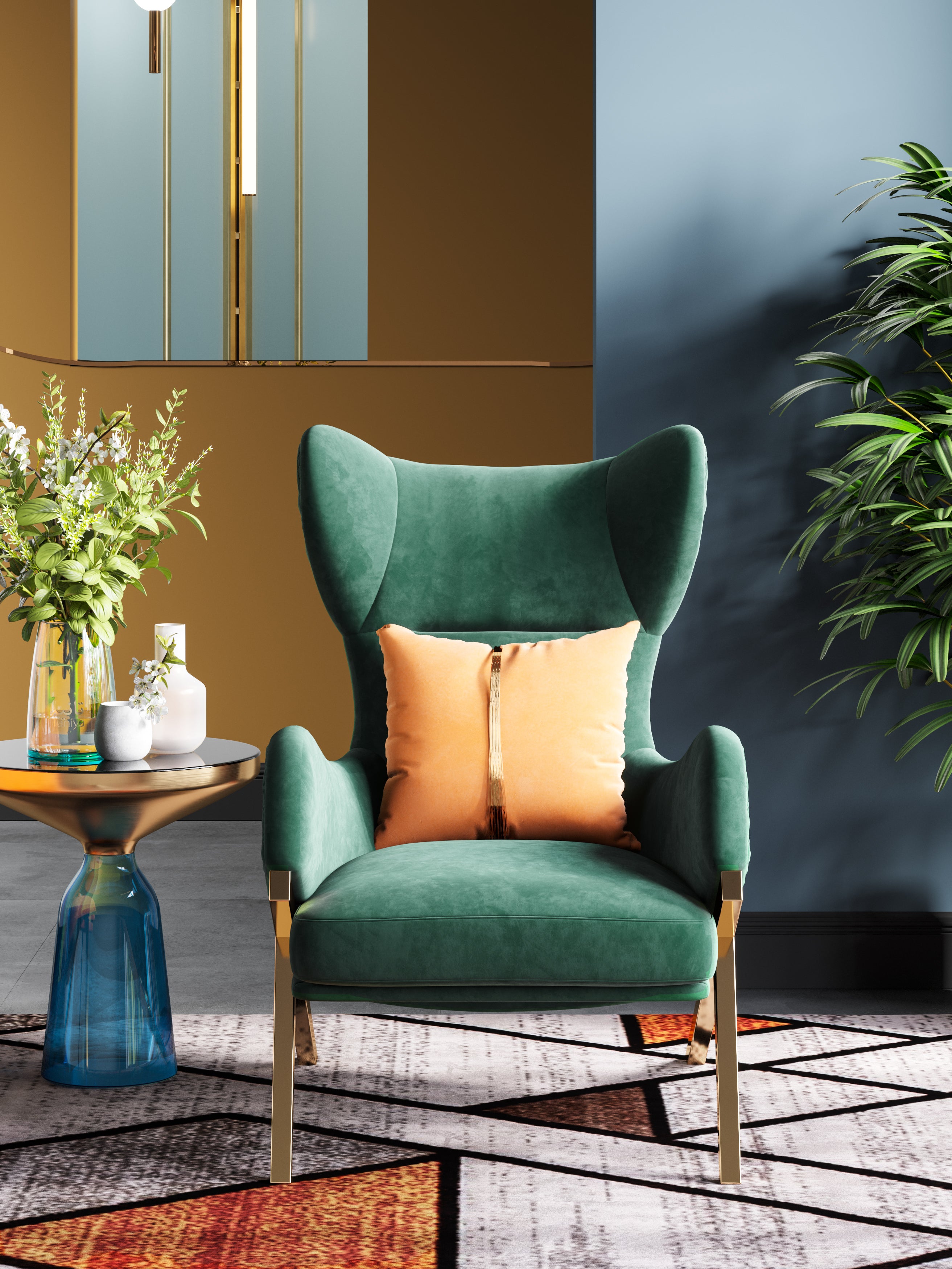 Green Velvet Tall-Profile with Metal Accents Lounge Chair