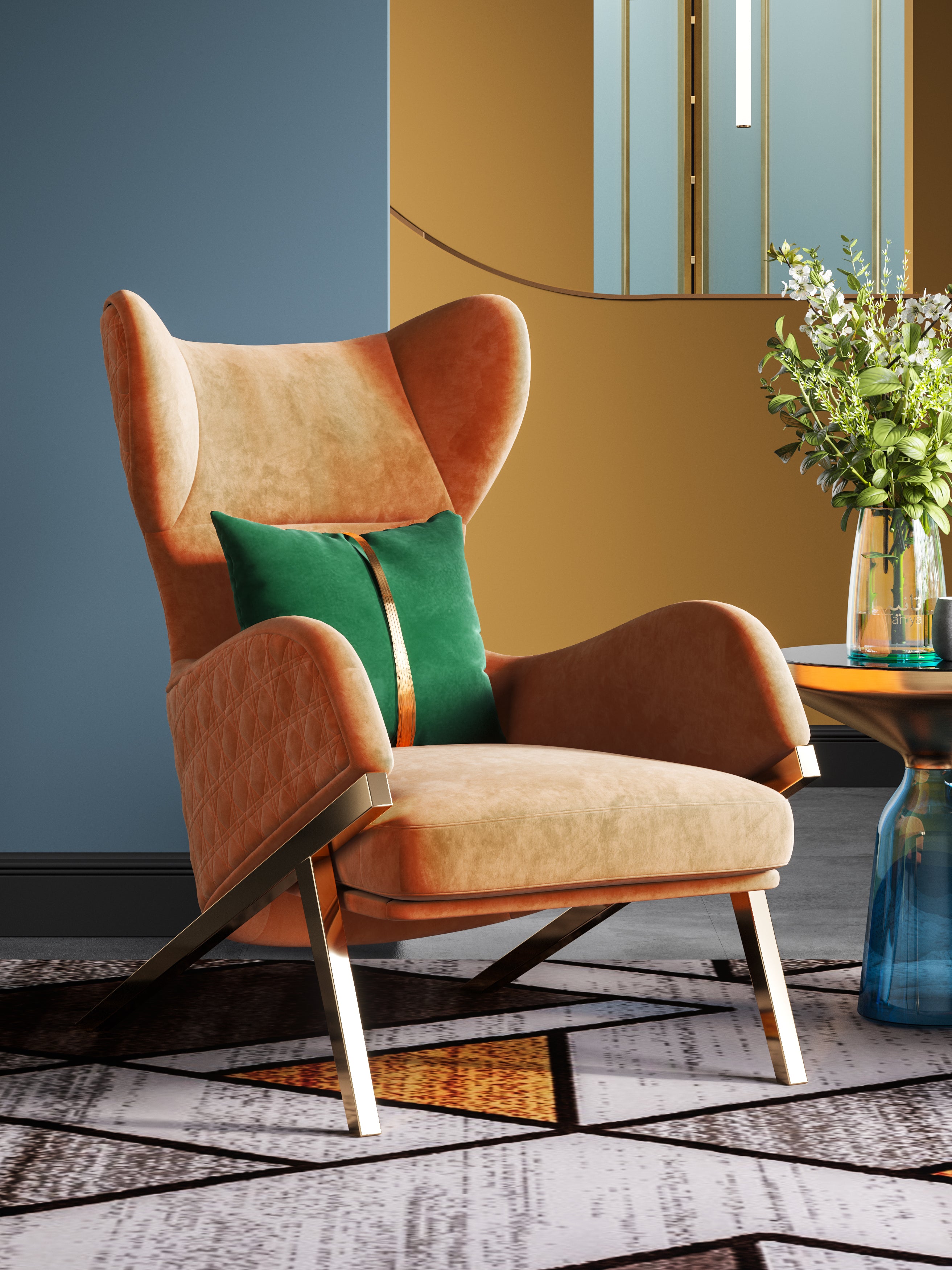Orange Velvet Tall-Profile with Wood Frame Lounge Chair