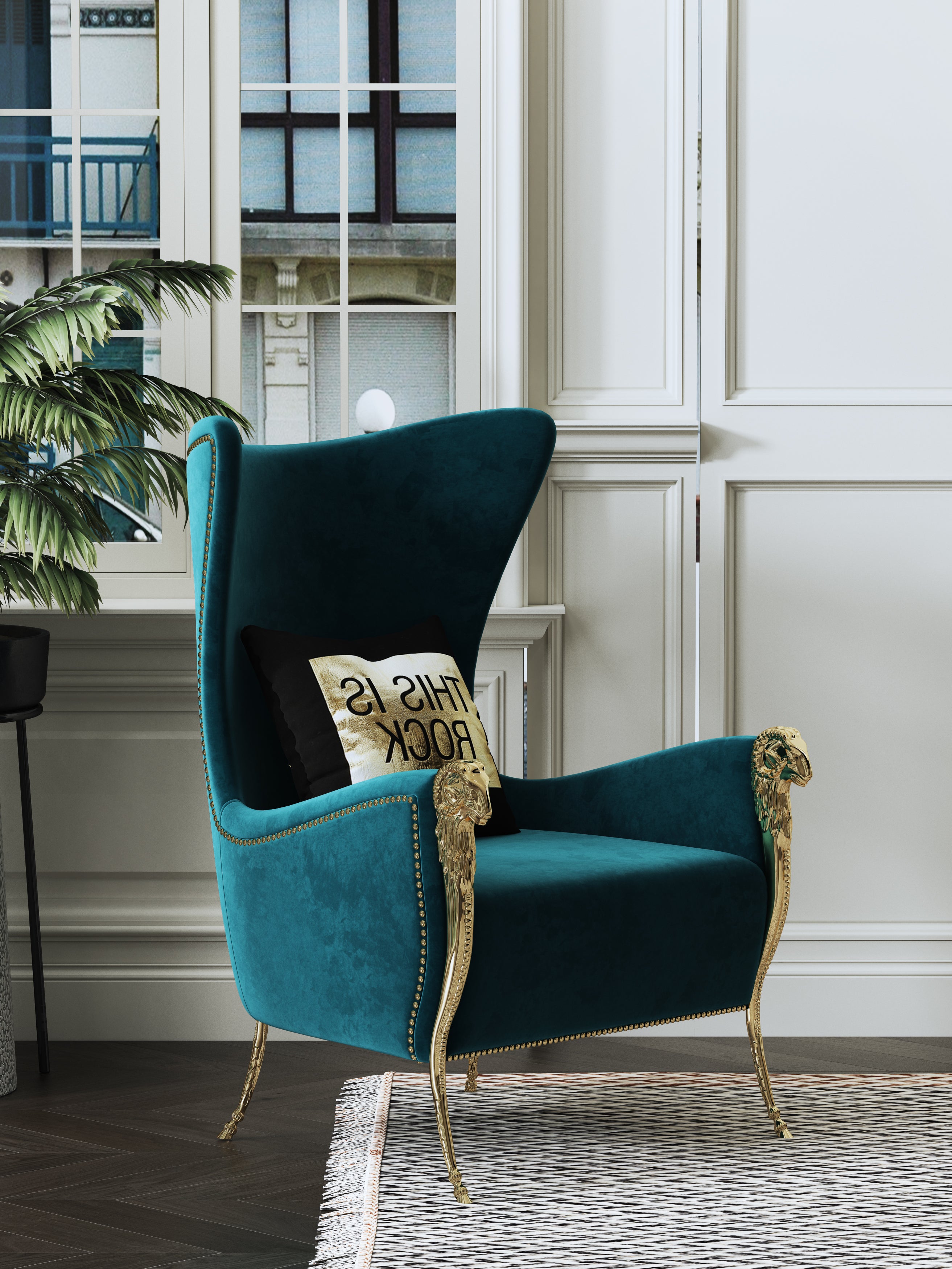 Blue Velvet Tall-Profile with Metal Accents Lounge Chair