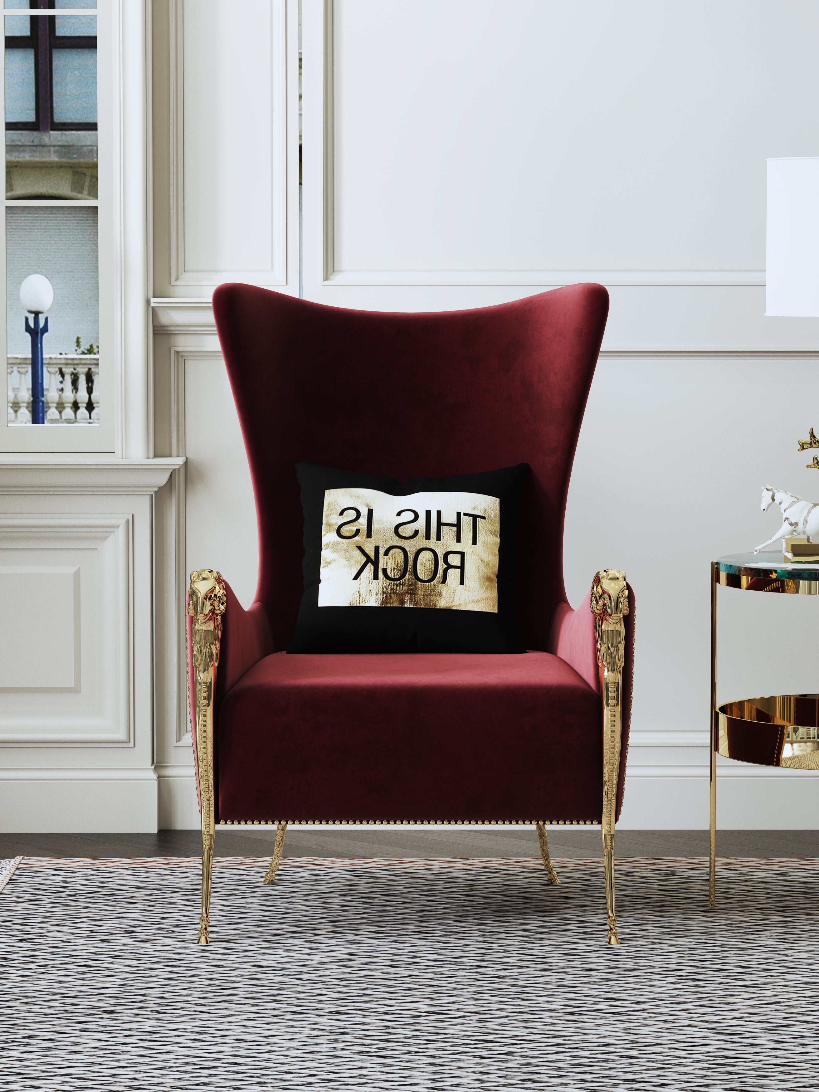 Red Velvet Tall-Profile with Metal Accents with Wood Frame Lounge Chair