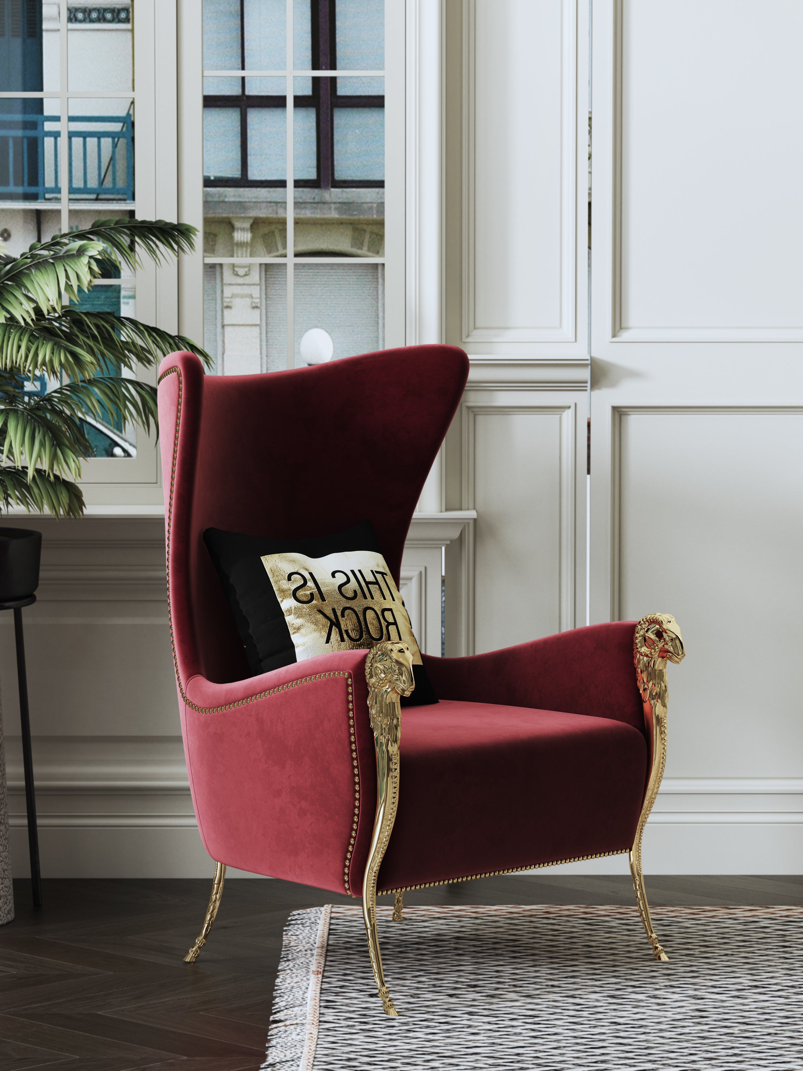 Red Velvet Tall-Profile with Metal Accents with Wood Frame Lounge Chair