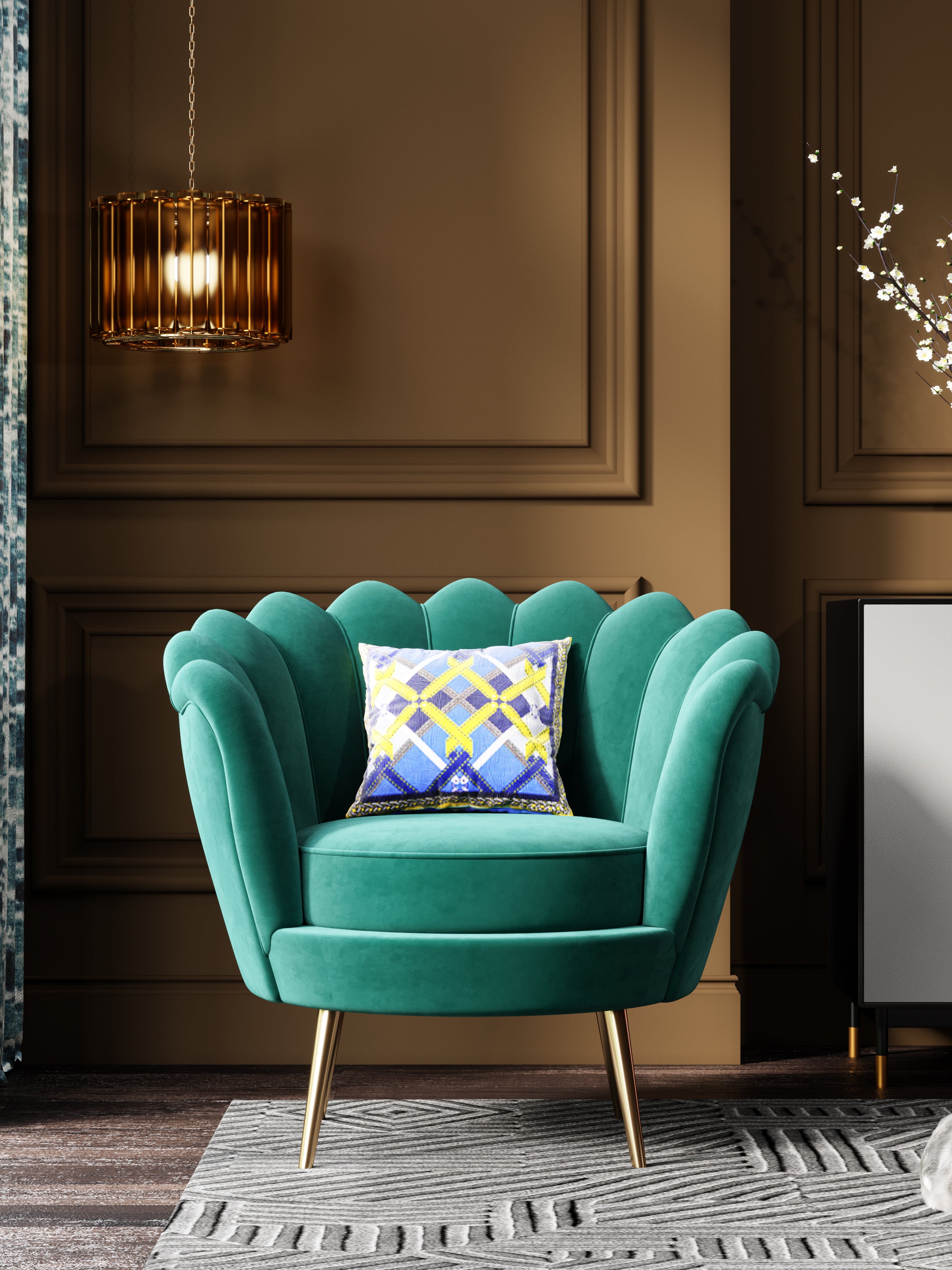 Green Velvet Low-Profile with Metal Accents with Wood Frame Lounge Chair