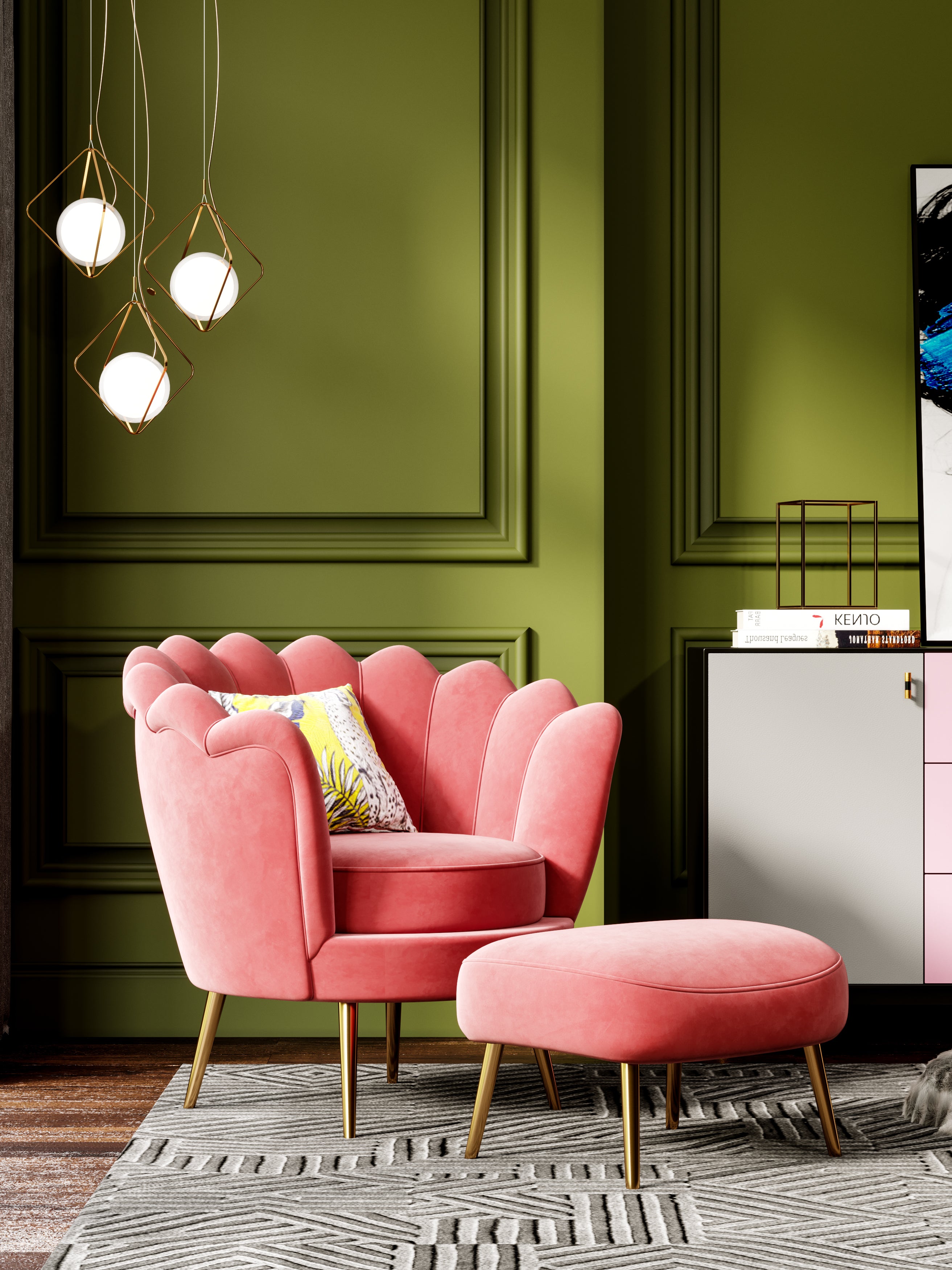 Pink Velvet Lounge Chair with Matching Footstool