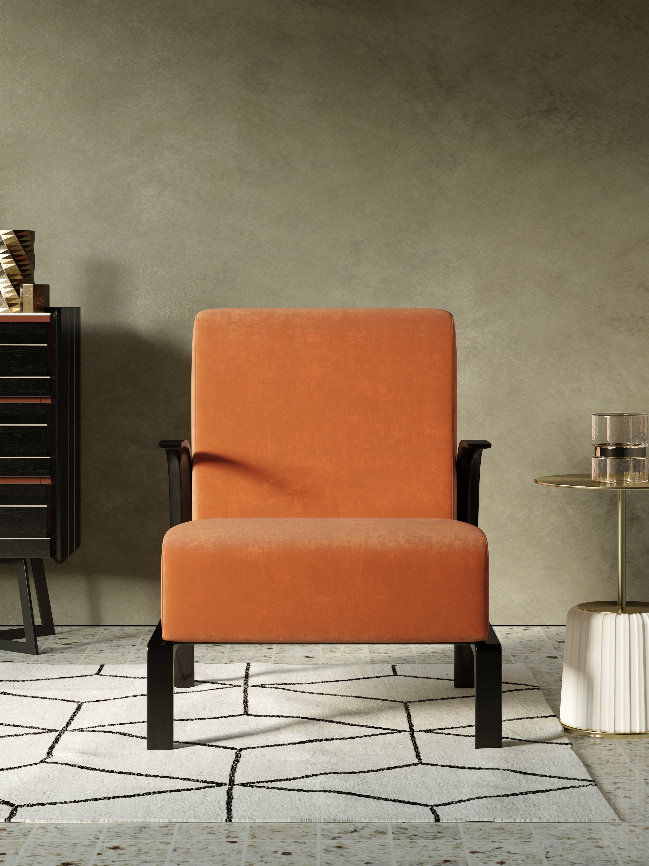 Orange Velvet Low-Profile Lounge Chair