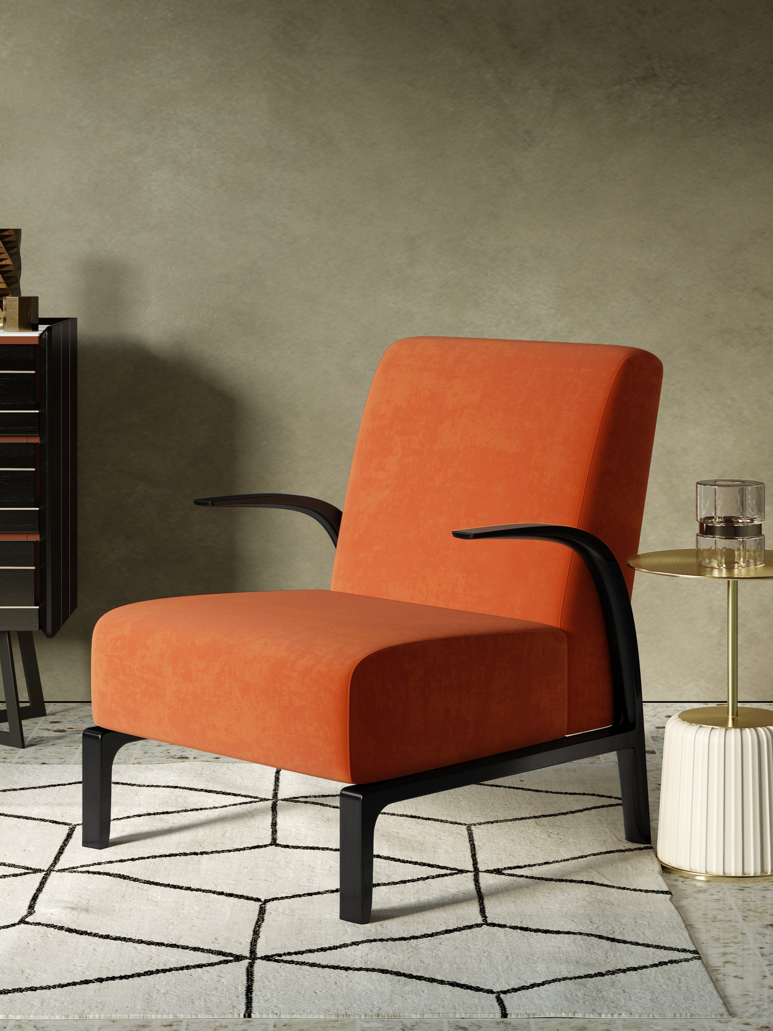Orange Velvet Low-Profile Lounge Chair