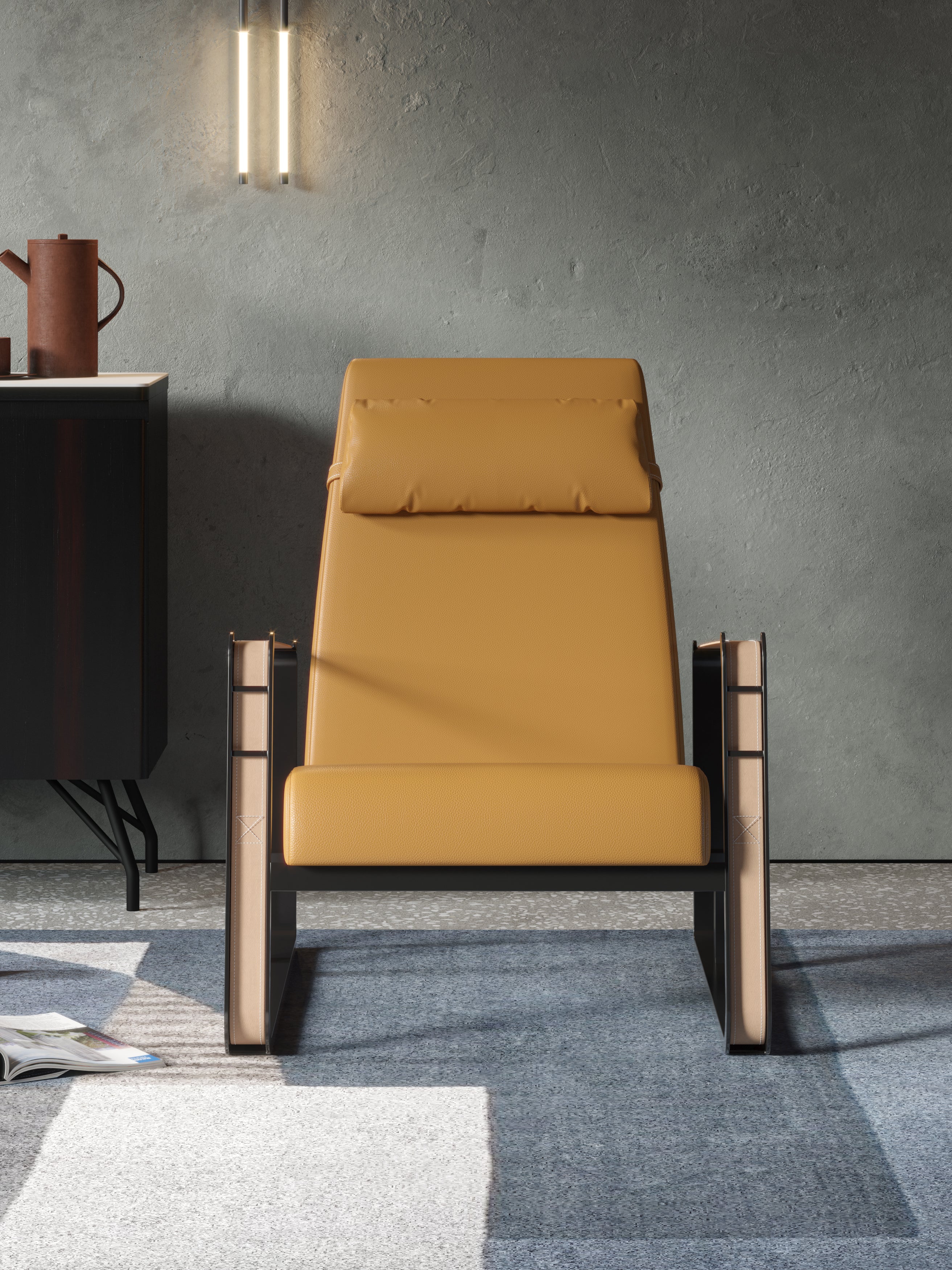 Yellow Leather Mid-Height with Wood Frame Lounge Chair