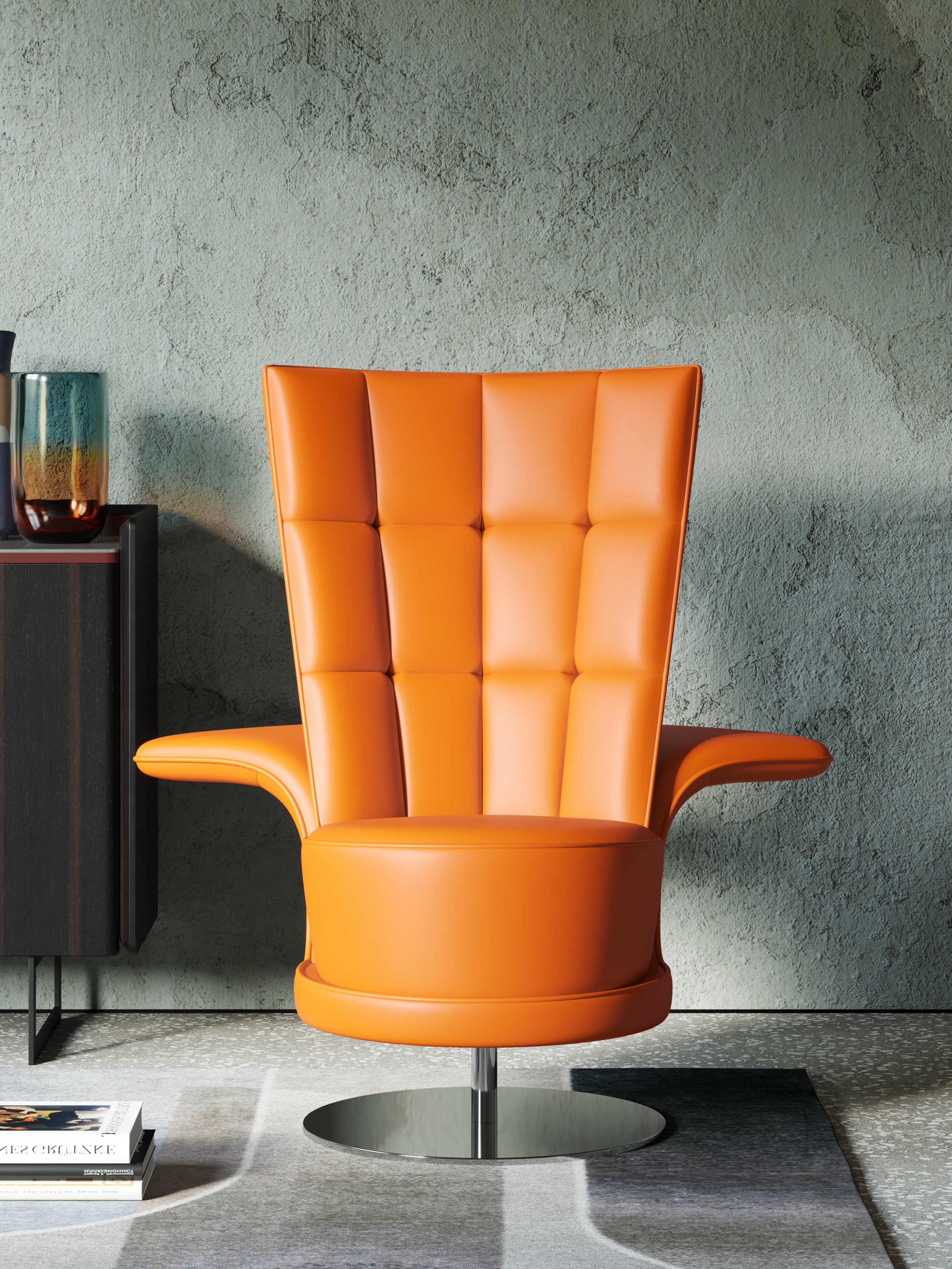 Orange Leather Tall-Profile Lounge Chair