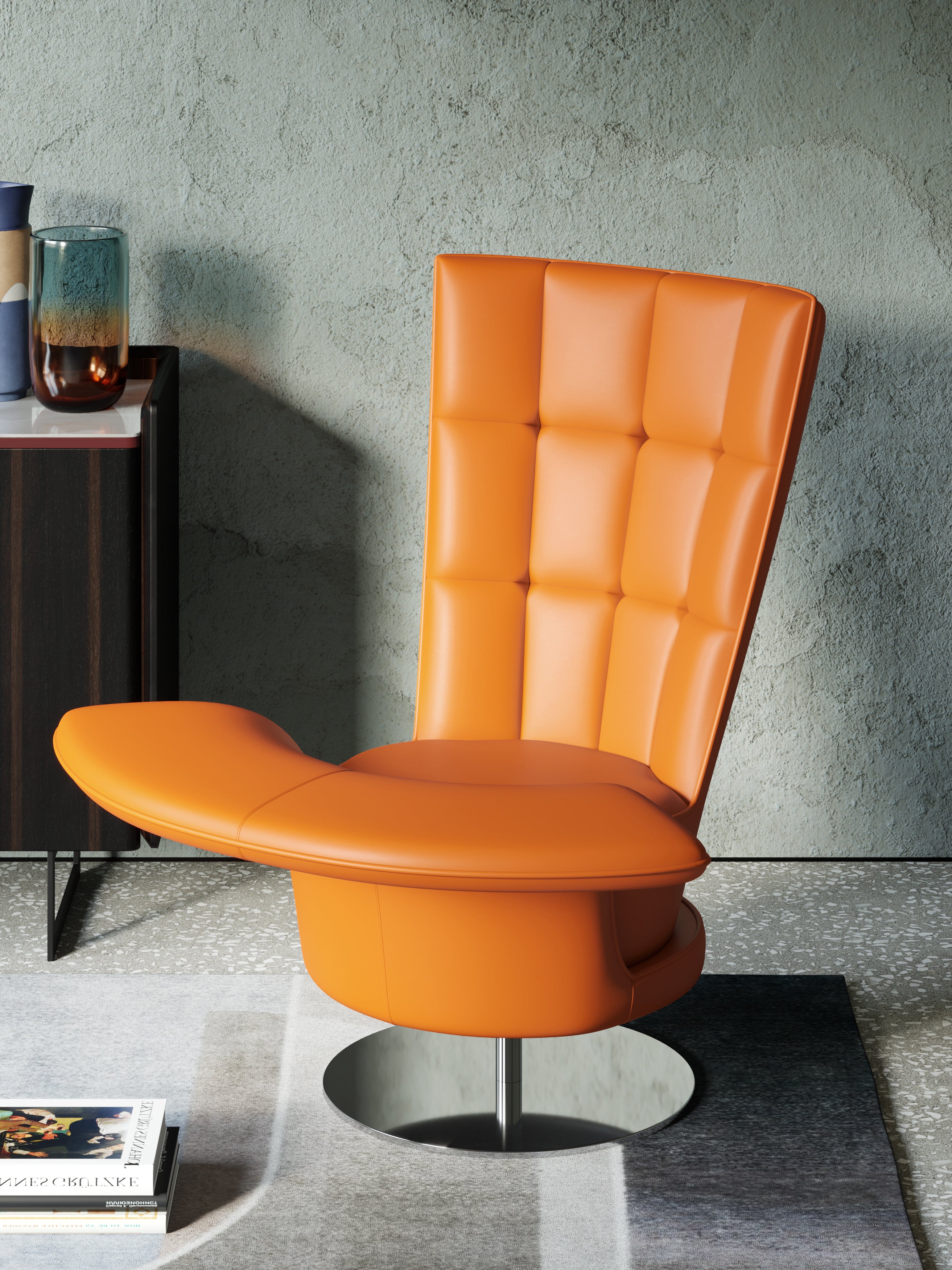 Orange Leather Tall-Profile Lounge Chair