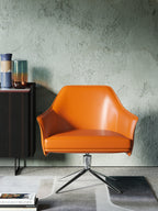 Orange Leather Low-Profile with Metal Accents with Wood Frame Lounge Chair