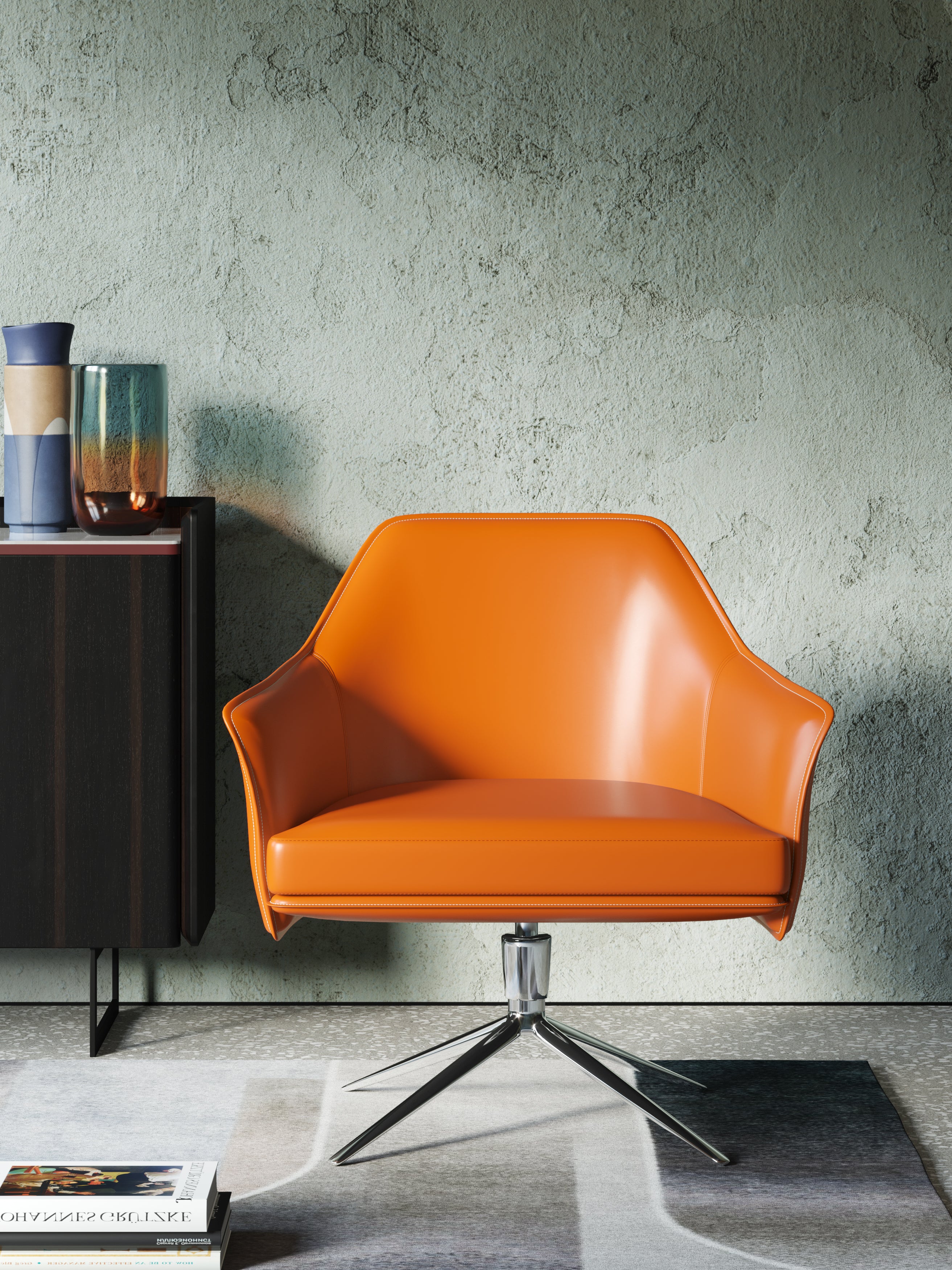 Orange Leather Low-Profile with Metal Accents with Wood Frame Lounge Chair