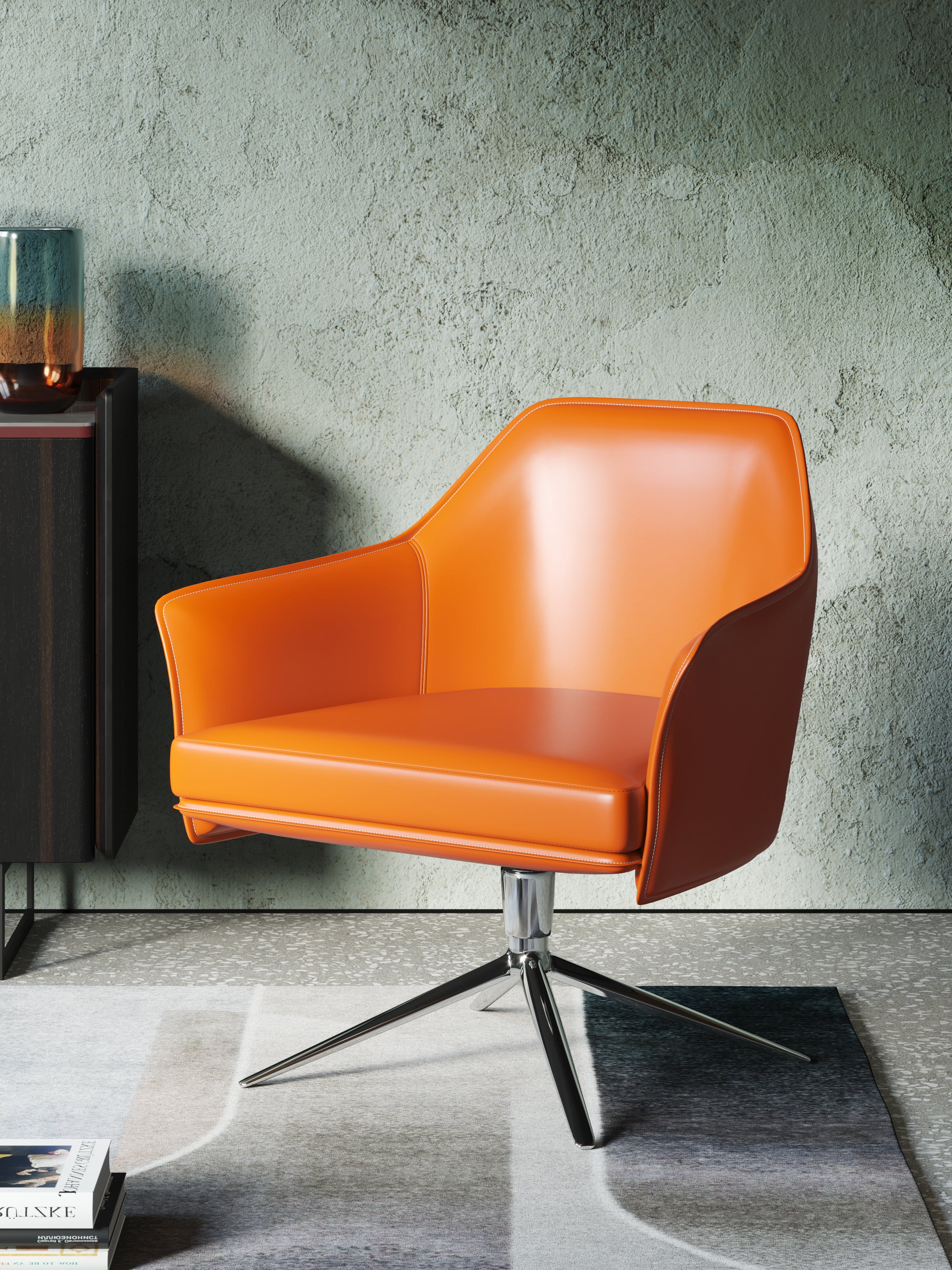Orange Leather Low-Profile with Metal Accents with Wood Frame Lounge Chair