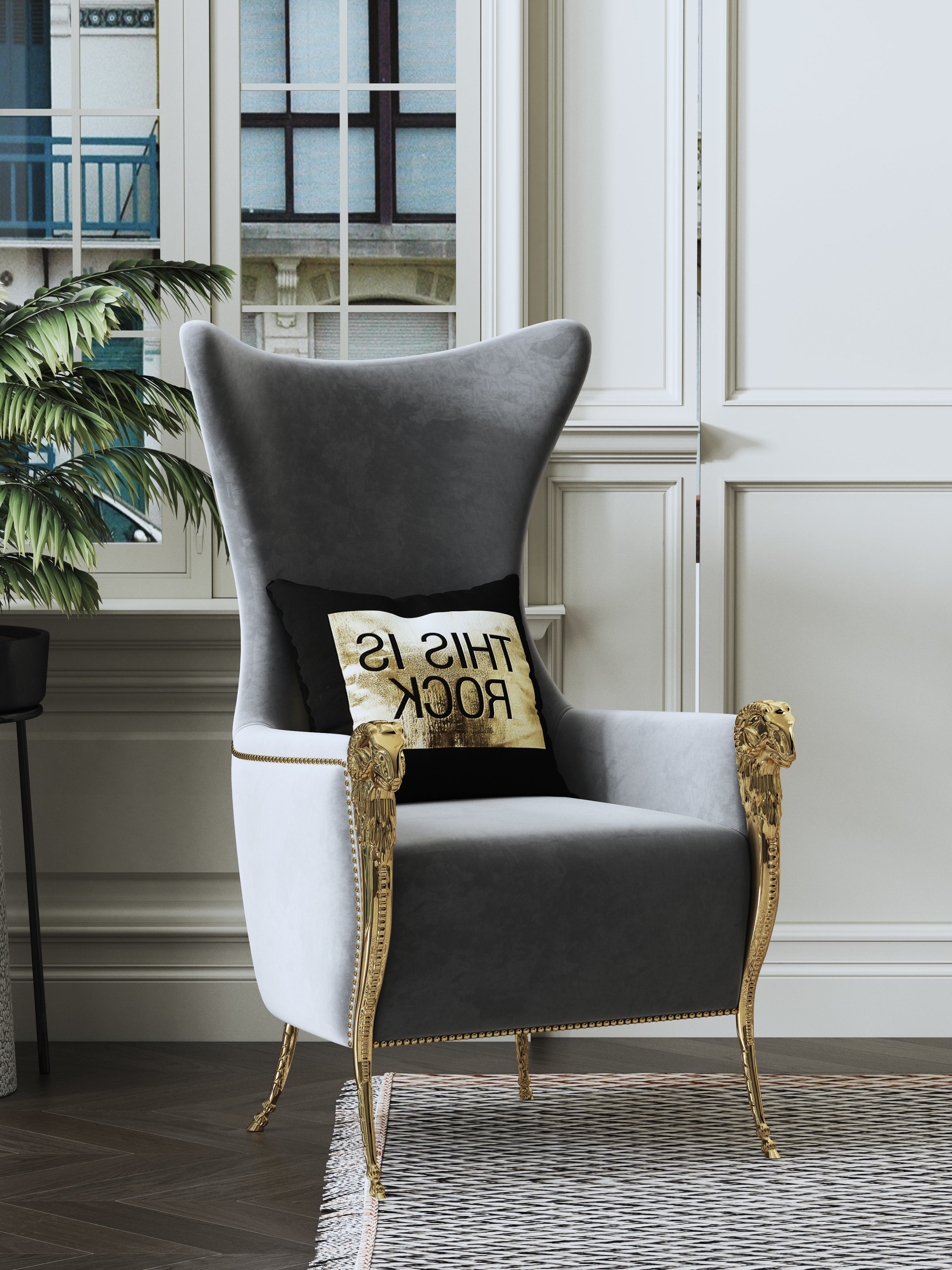 Grey Velvet Tall-Profile with Metal Accents Lounge Chair