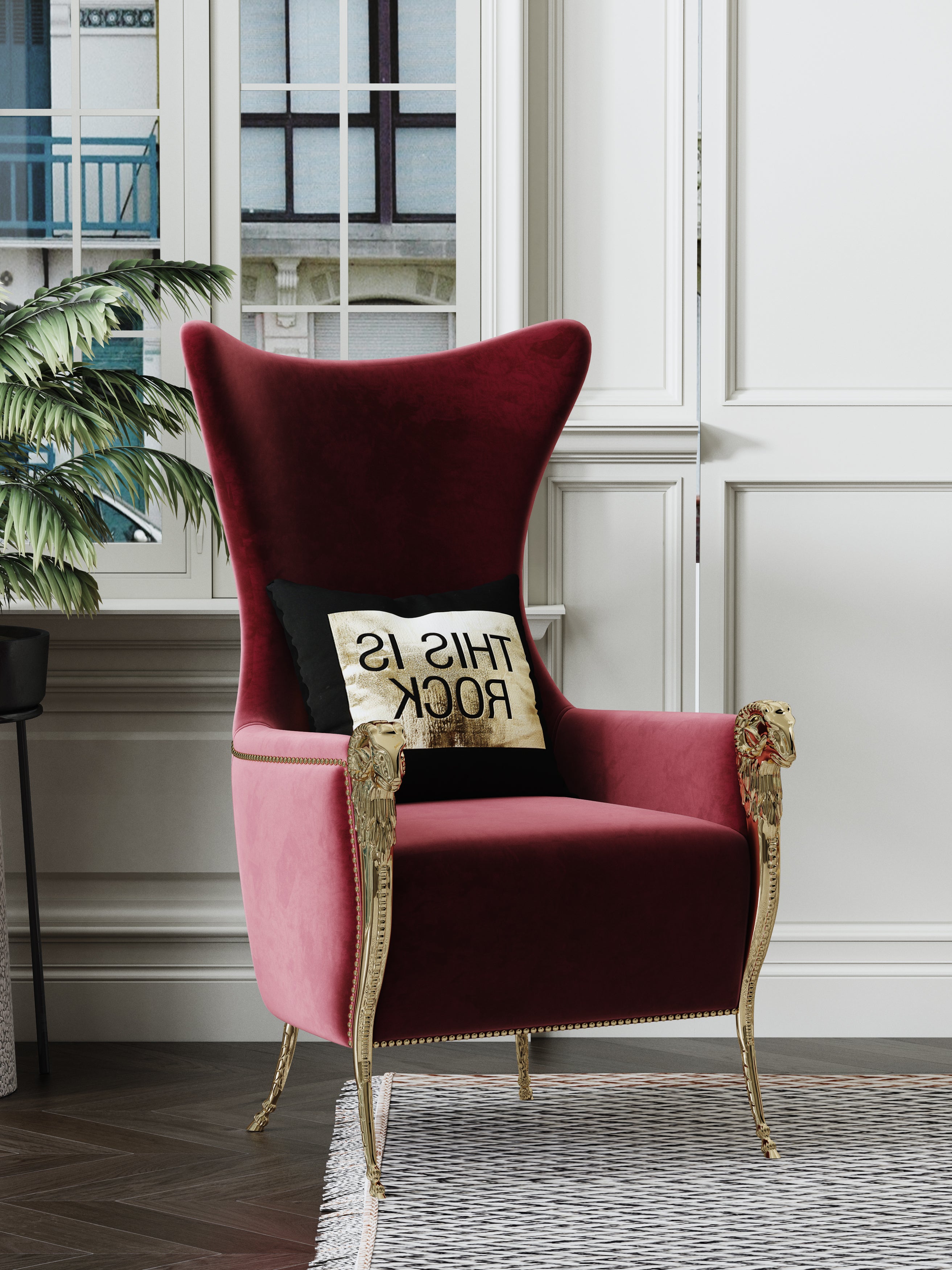 Metal-Accented Red Velvet Tall-Profile with Metal Accents with Wood Frame Lounge Chair