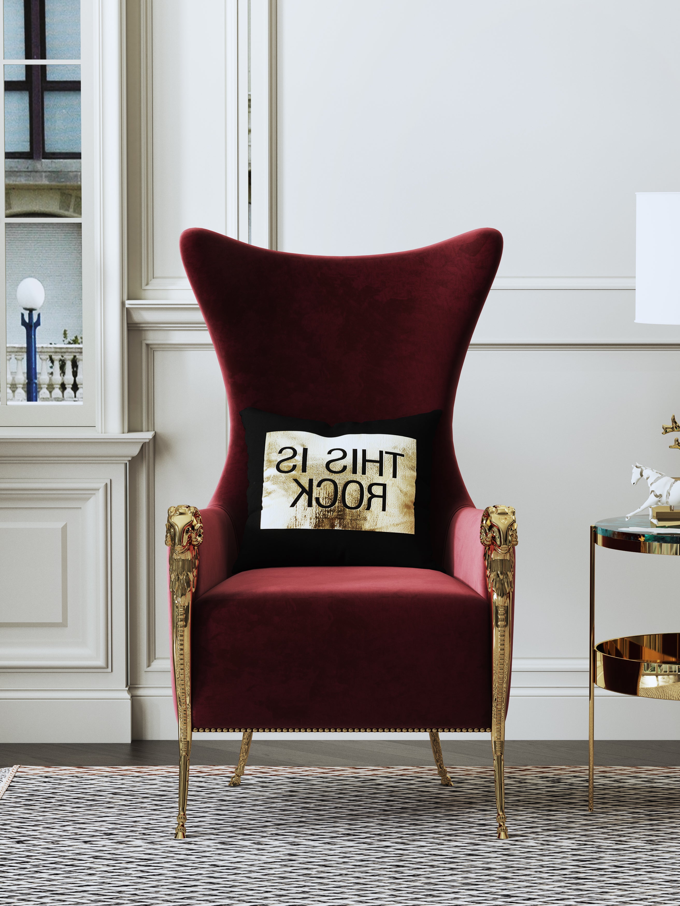 Metal-Accented Red Velvet Tall-Profile with Metal Accents with Wood Frame Lounge Chair