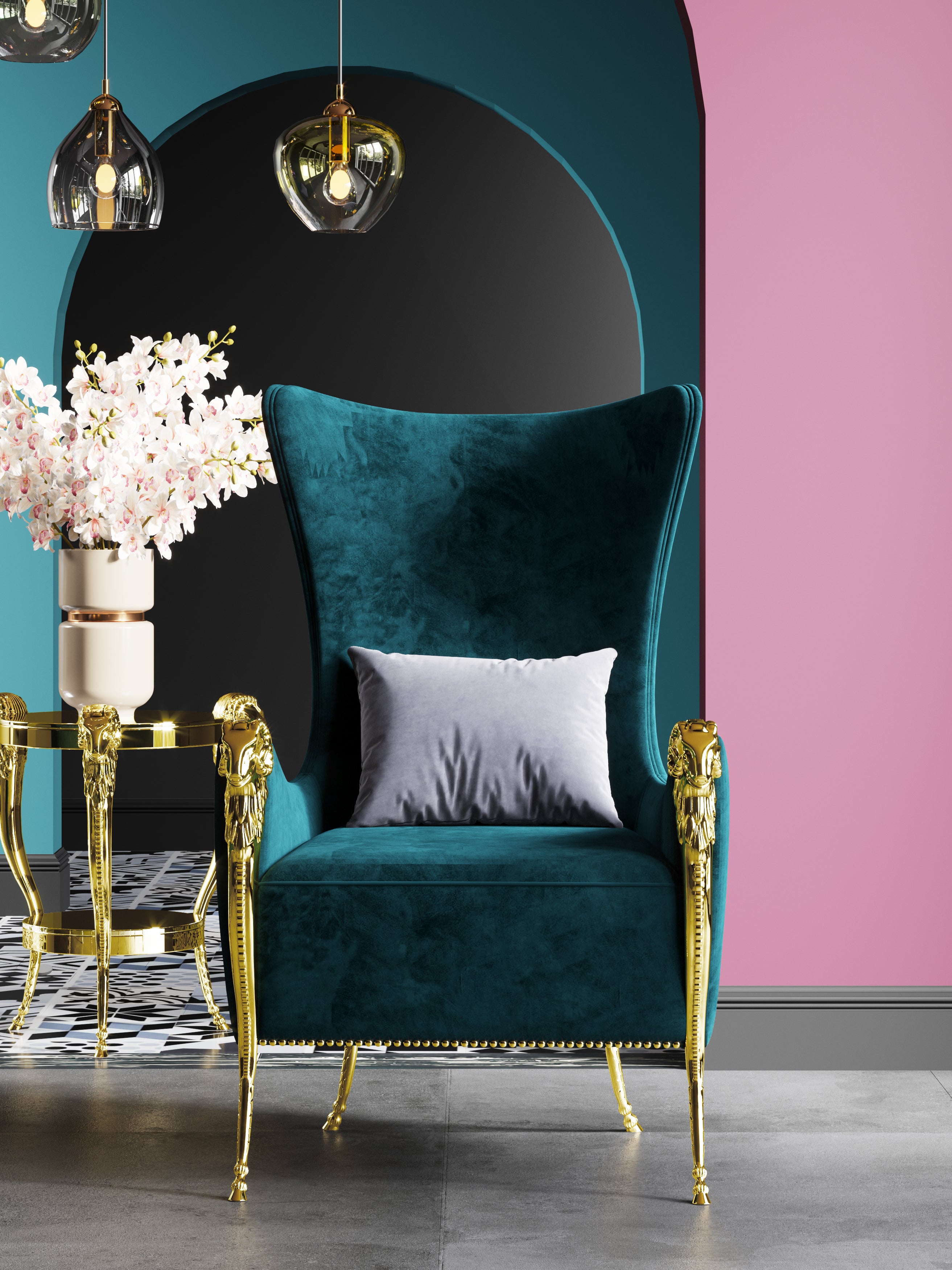 Metal-Accented Blue Velvet Tall-Profile with Metal Accents Lounge Chair