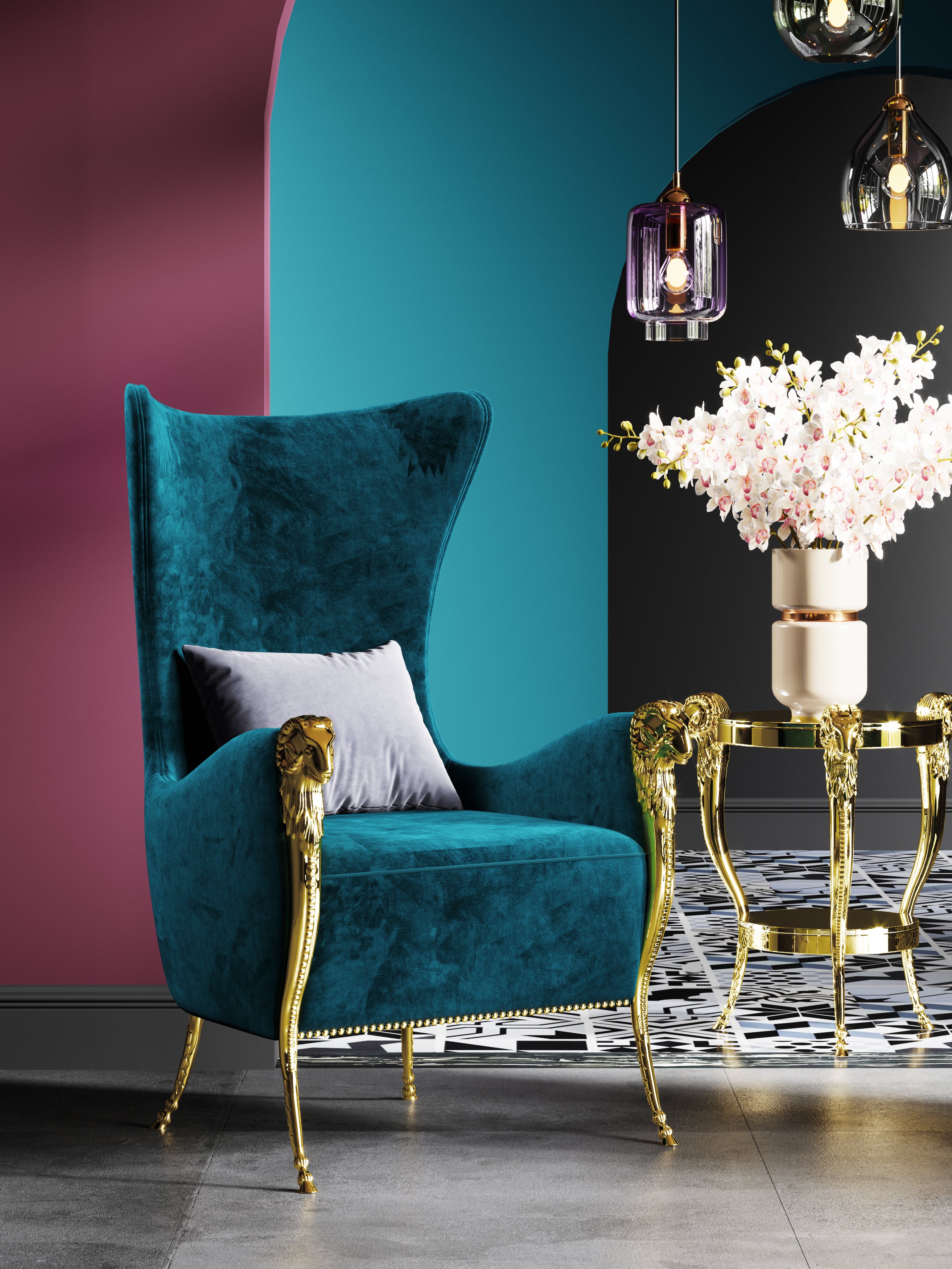 Metal-Accented Blue Velvet Tall-Profile with Metal Accents Lounge Chair