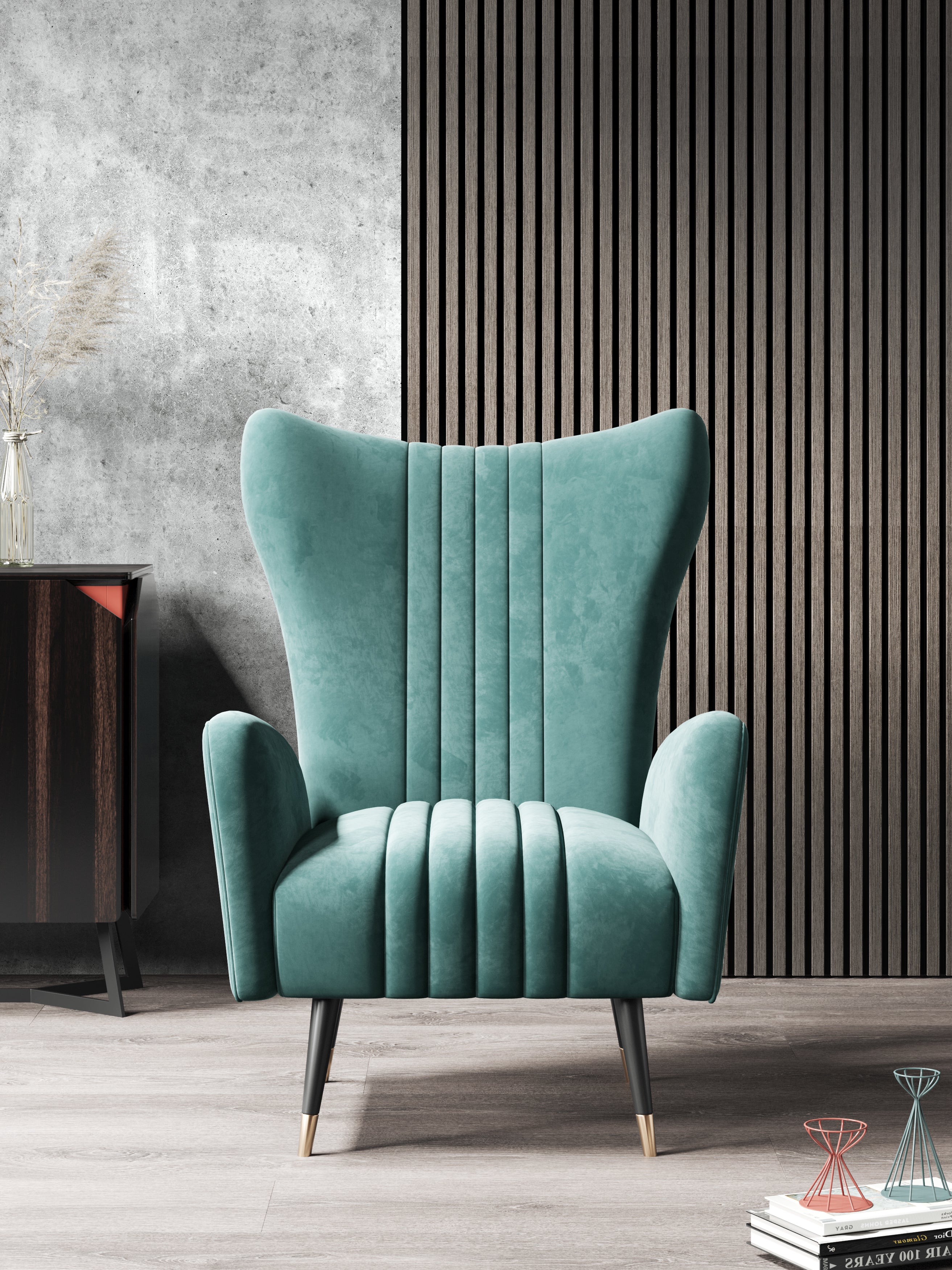 Wood-Framed Blue Velvet Tall-Profile with Metal Accents Lounge Chair