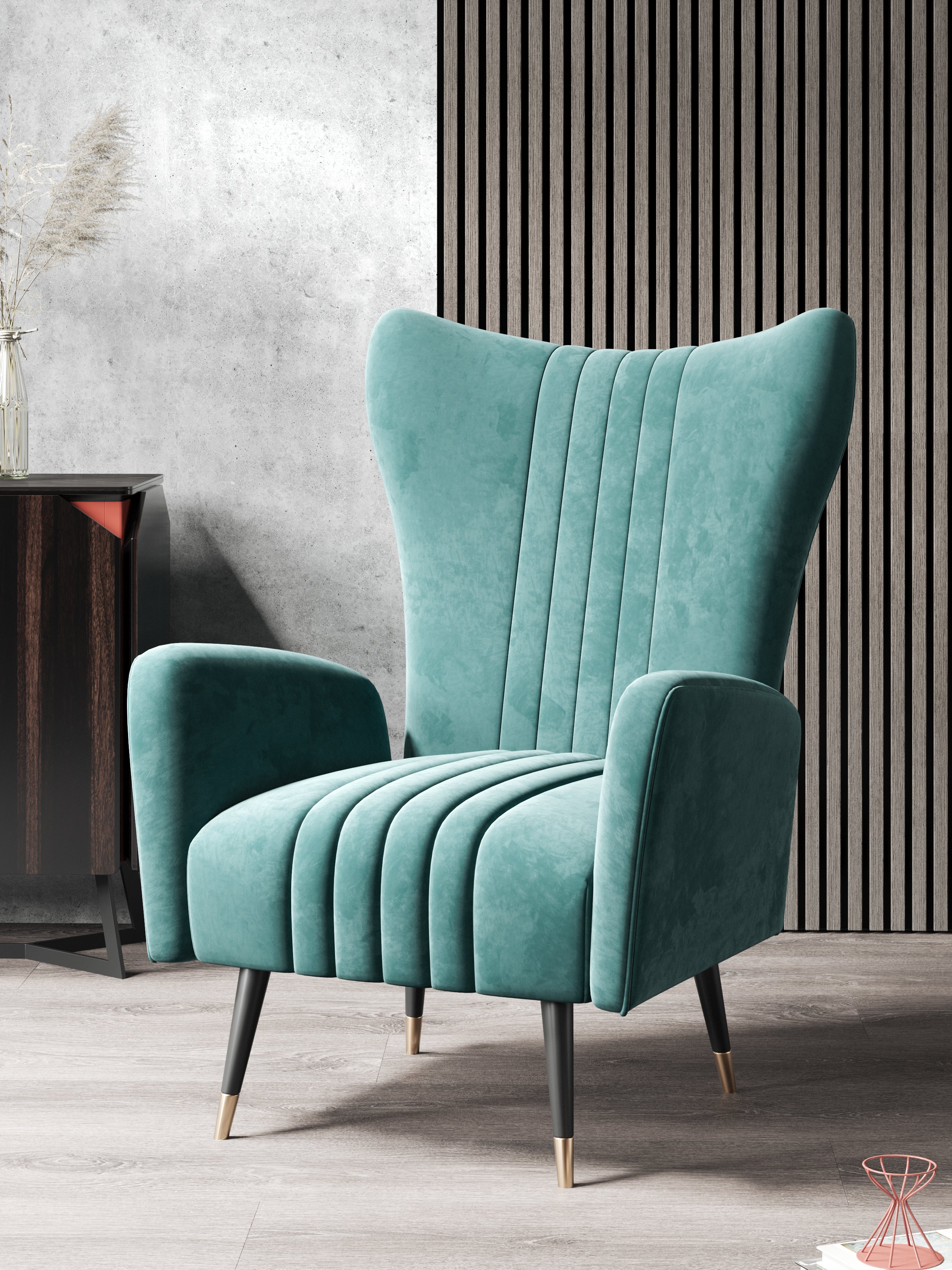 Wood-Framed Blue Velvet Tall-Profile with Metal Accents Lounge Chair