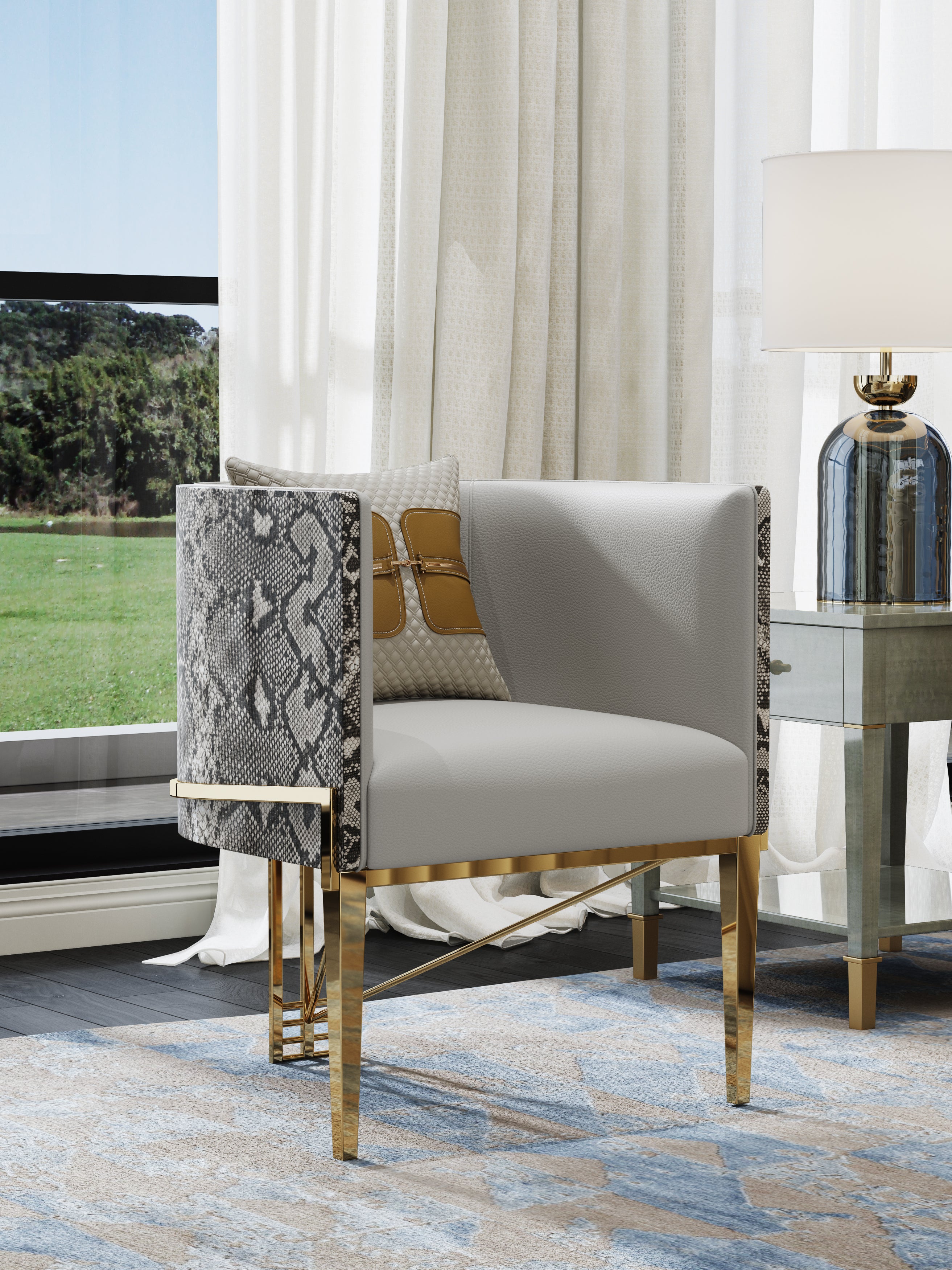 Wood-Framed Leather Low-Profile with Metal Accents Lounge Chair