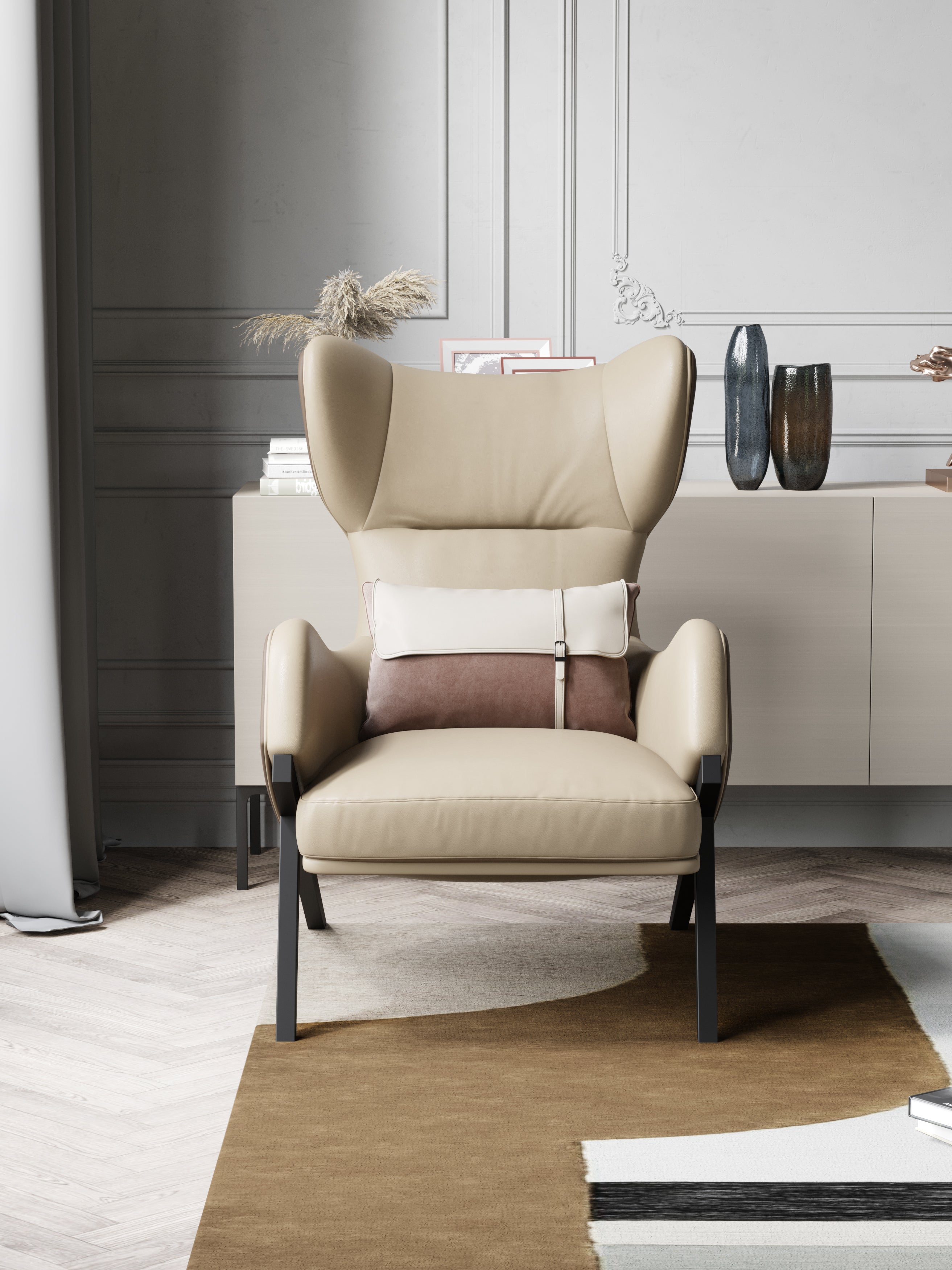 Metal-Accented Leather Tall-Profile Lounge Chair