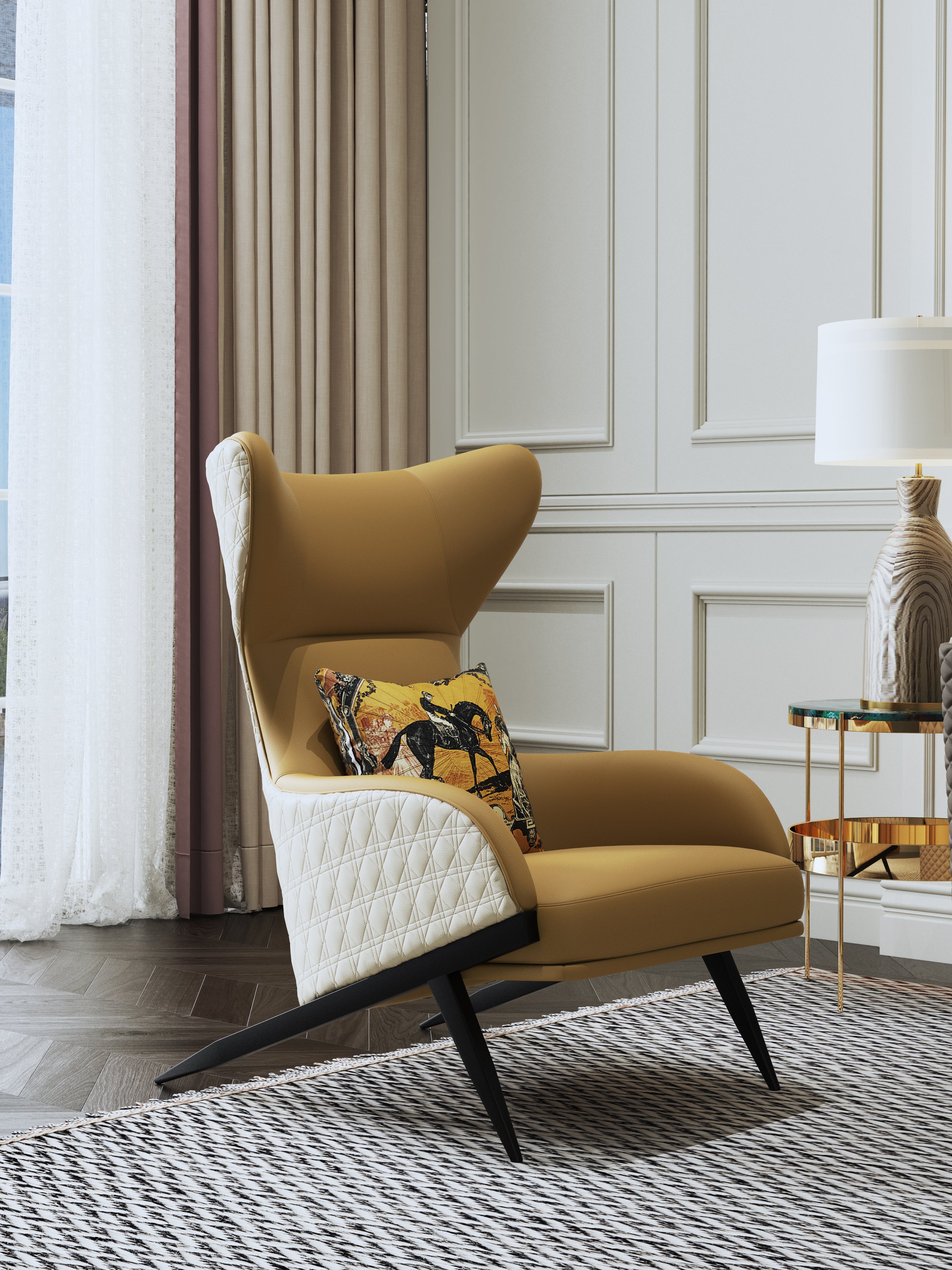 Metal-Accented Leather Tall-Profile with Wood Frame Lounge Chair