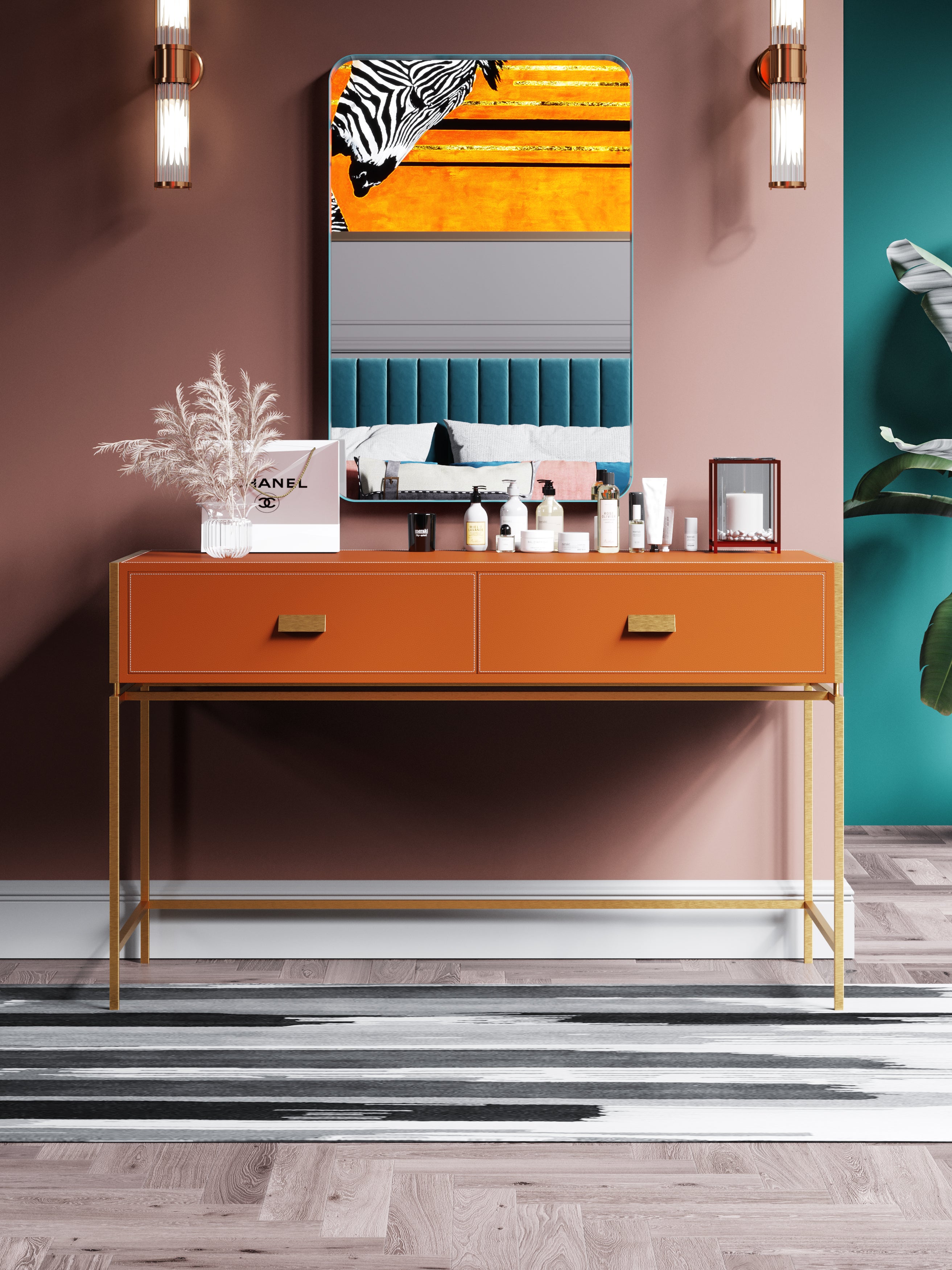 Saddle-Leather Side Table with Polished-Gold Accents