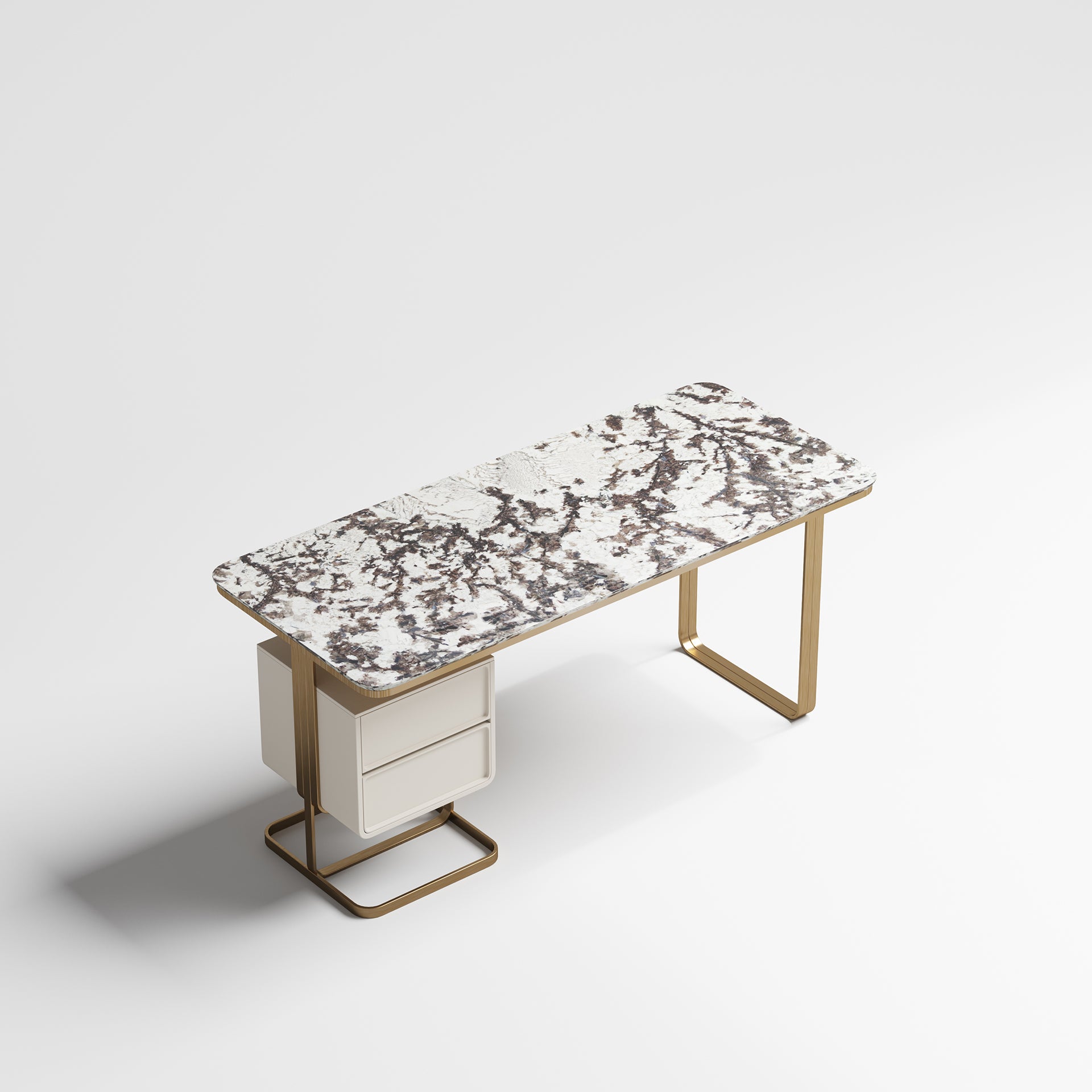 Natural Marble-Top Office Table with Champagne-Gold Base