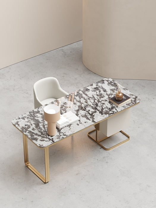 Natural Marble-Top Office Table with Champagne-Gold Base