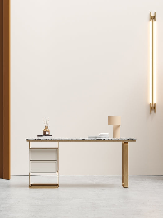 Natural Marble-Top Office Table with Champagne-Gold Base