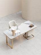 Marble-Look Office Table with Champagne-Gold Base