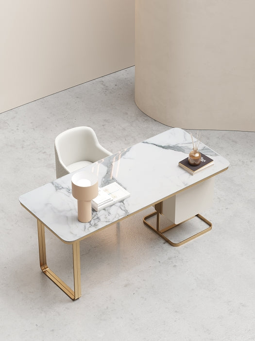 Marble-Look Office Table with Champagne-Gold Base